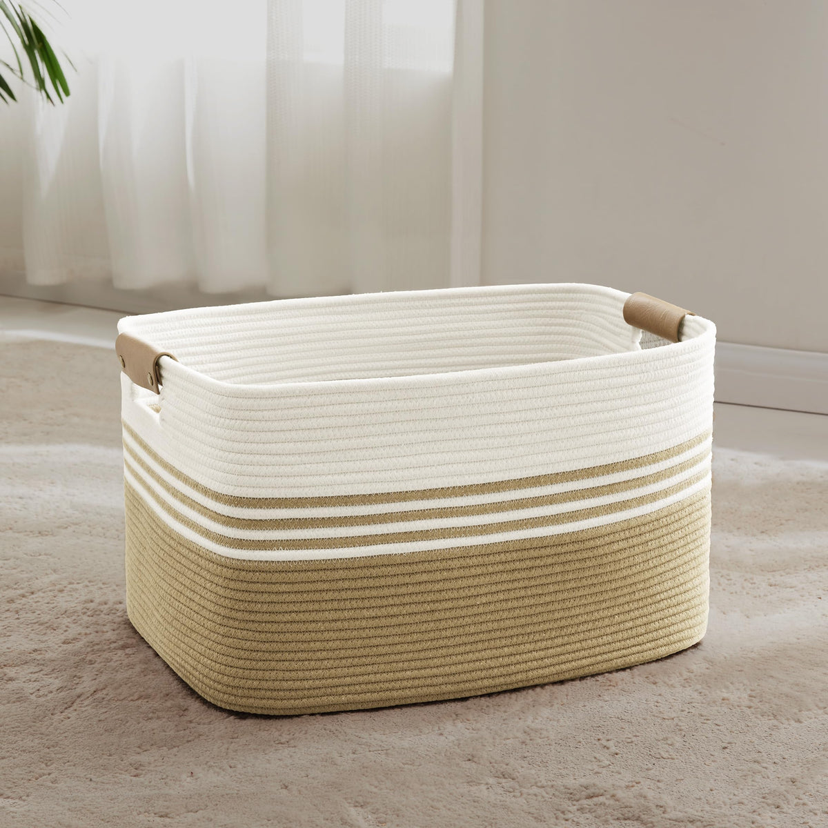 60L Woven Laundry Basket Hamper with Leather Handles - ModHome Supplies