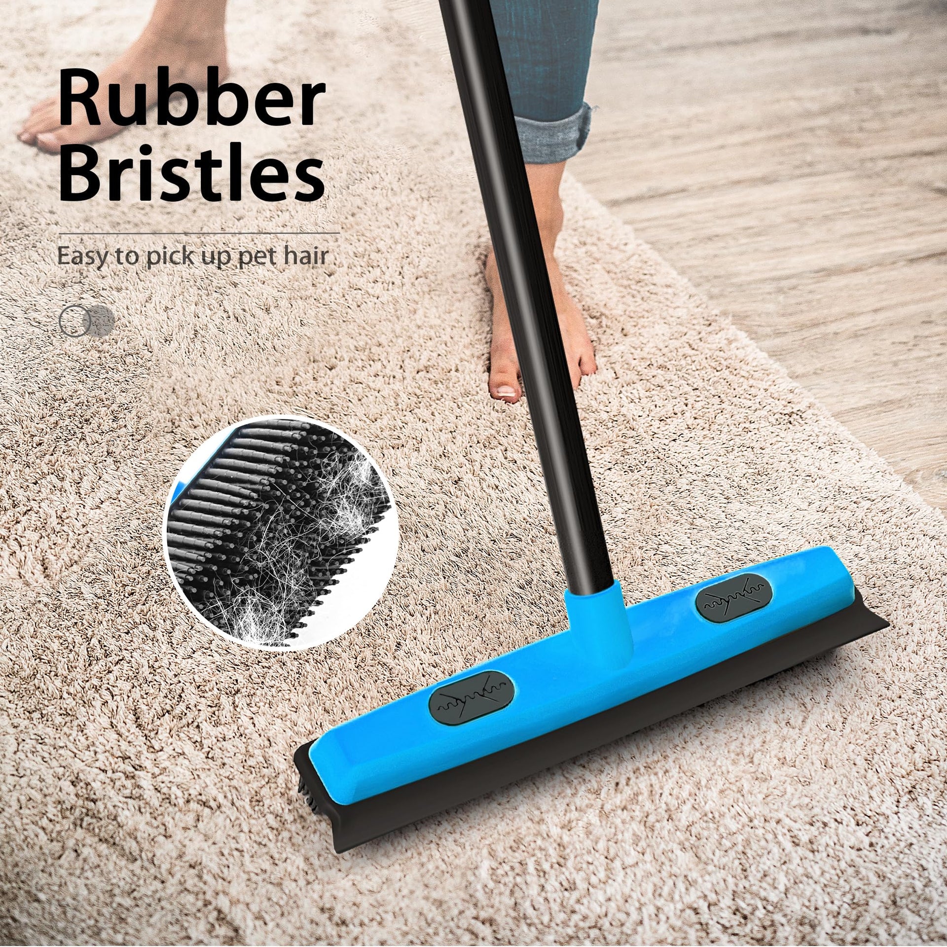 Rubber Broom Carpet Rake Brush for Pet Hair with Squeegee