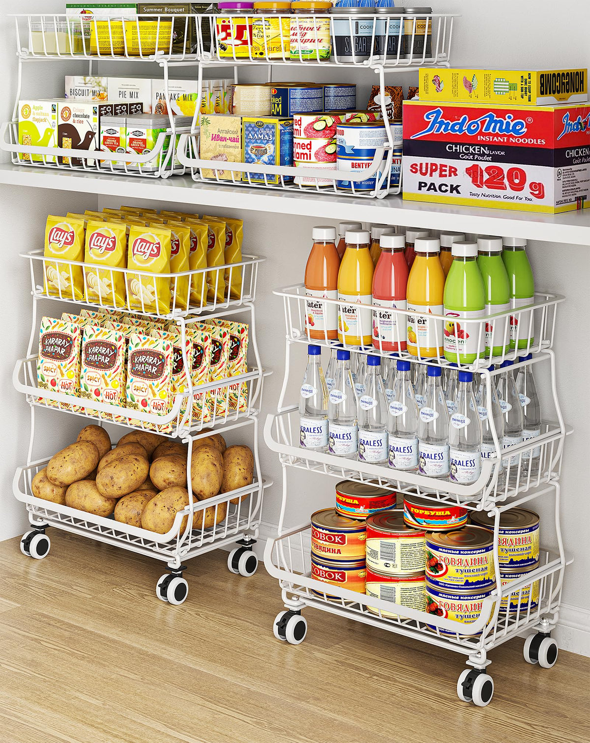 3 Tier Rolling Pantry Floor Organizers and Storage Cart with Wheels