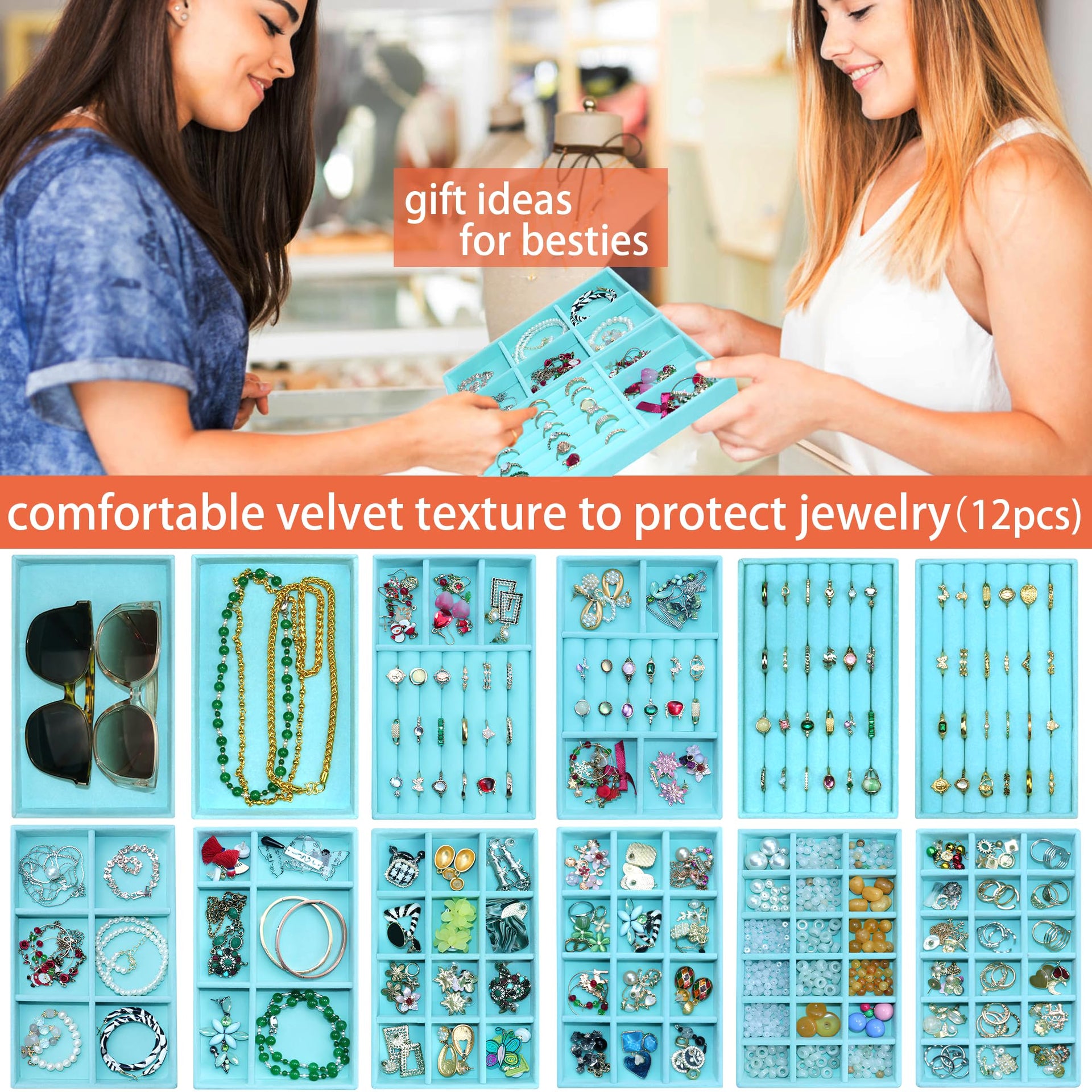 12 Pcs Jewelry Organizer Tray Stackable Velvet Jewelry Tray Earrings Display Case Necklace Earring Box Storage Drawer Bracelet Rings Accessories Trays (12 Count)