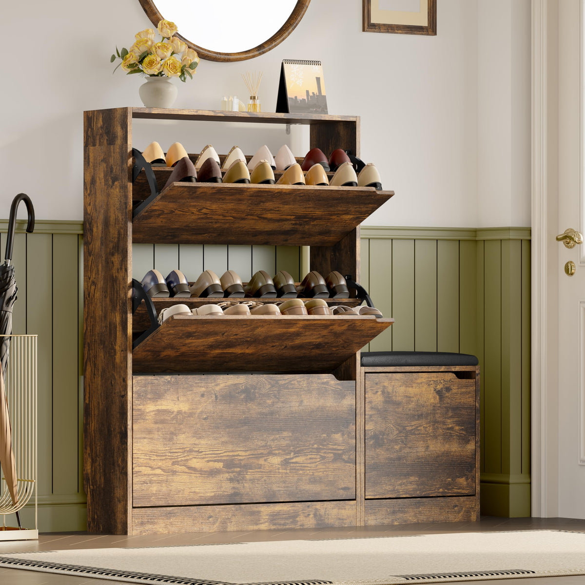 Shoe Cabinet with Bench and 3 Flip Drawers