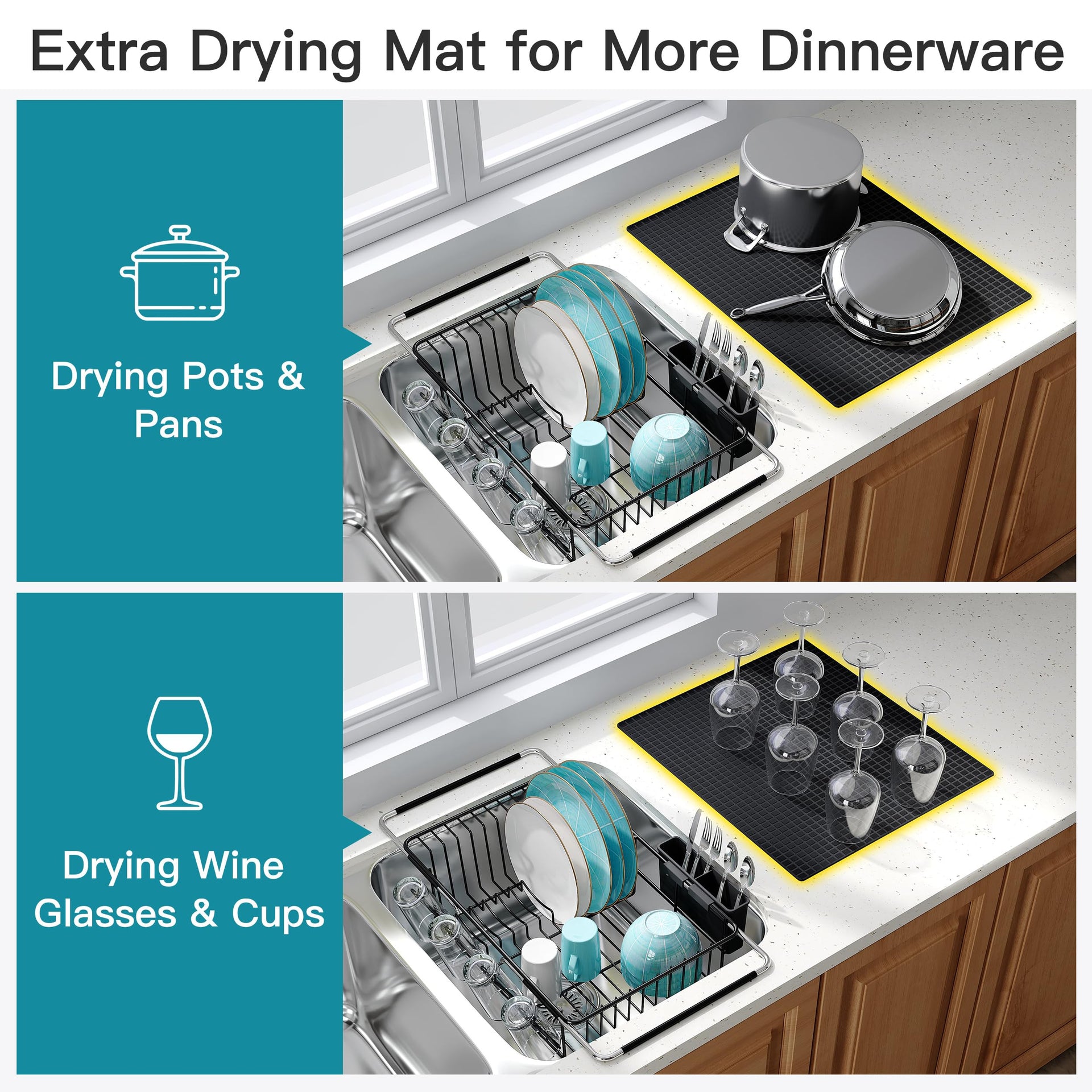 Black Dish Drying Rack in Sink with Mat