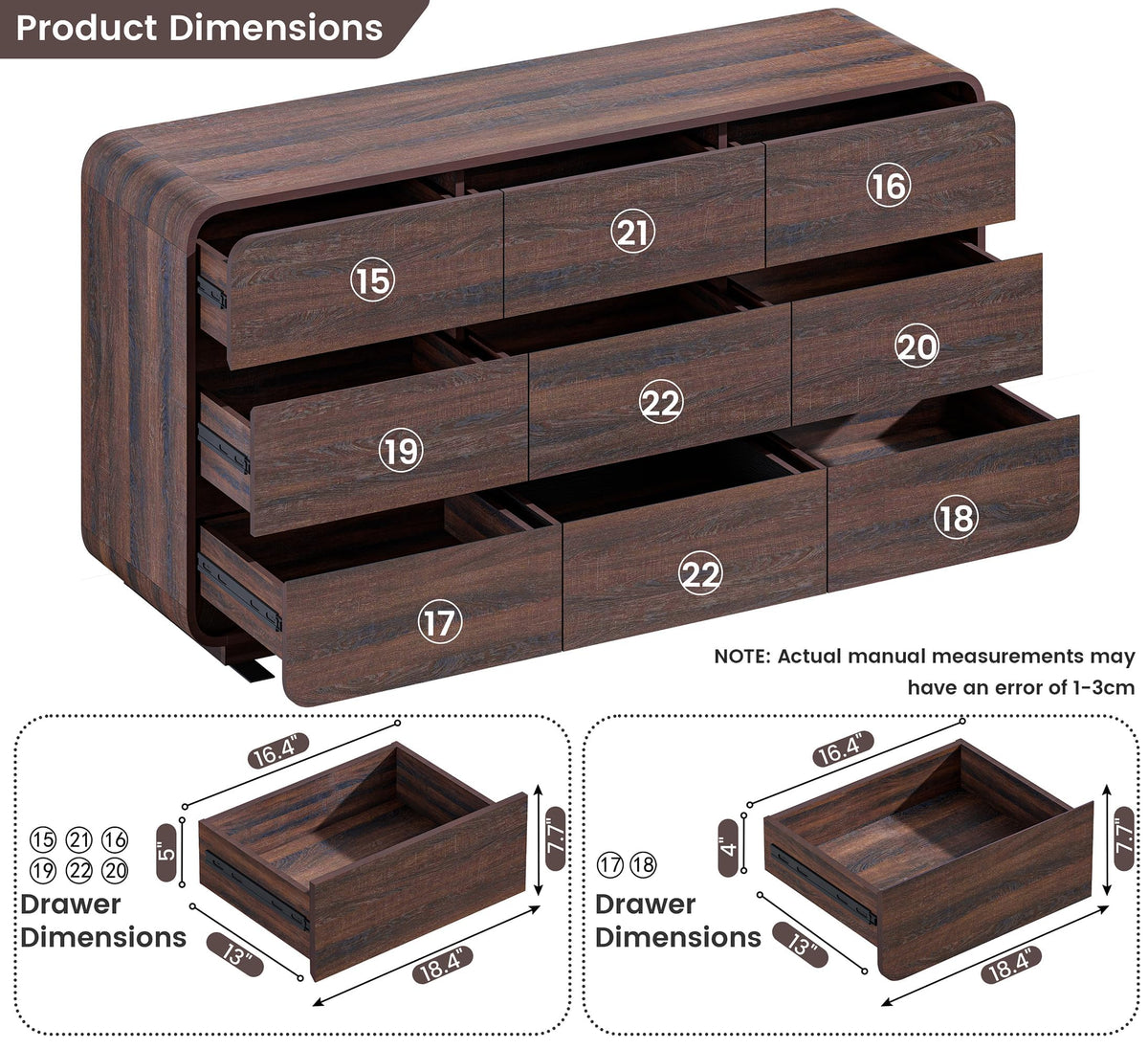 9 Drawer Double Dresser for Bedroom