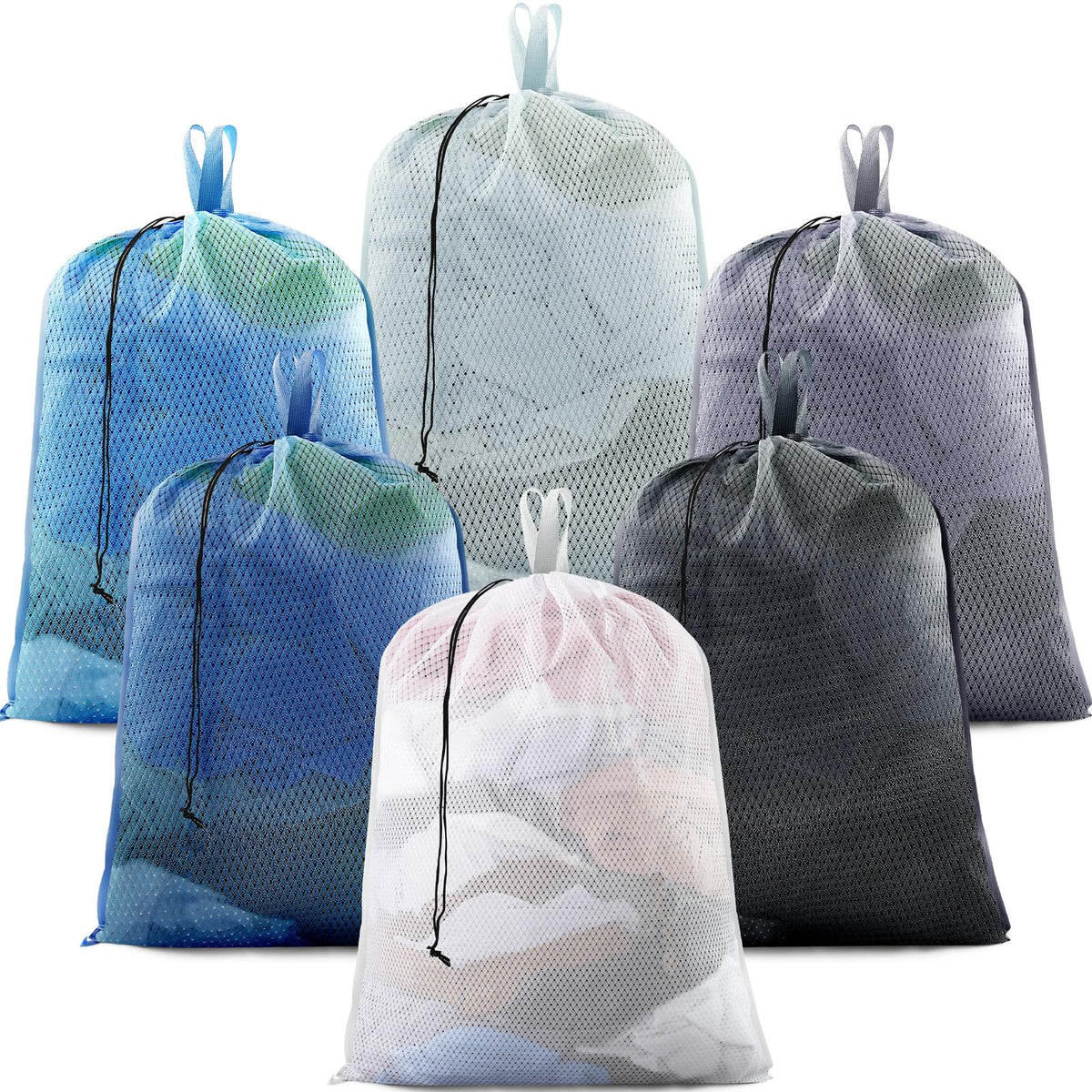 6 Pack 24 x 36 Inches Blue Soft Mesh Laundry Bag with Handles Machine Washable Secure Drawstring Closure Large Sturdy Mesh Net Laundry for College Travel Dorm Laundromat (6 Count)