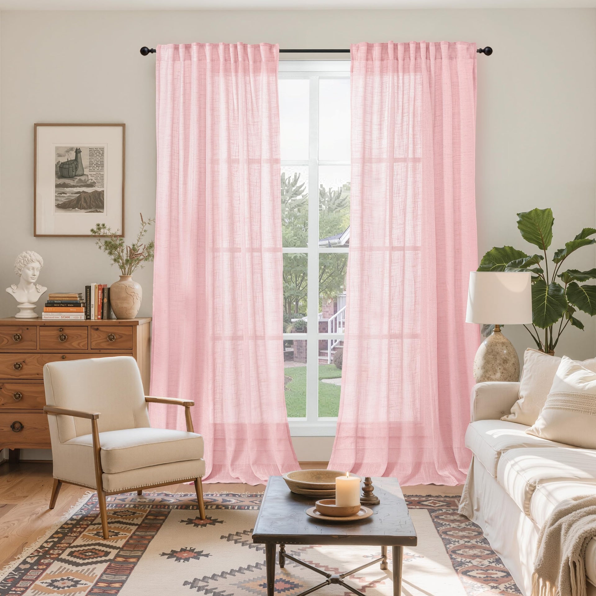 Light Pink Linen Semi Sheer Curtains 84 Inch Length for Living Room (2 Count)