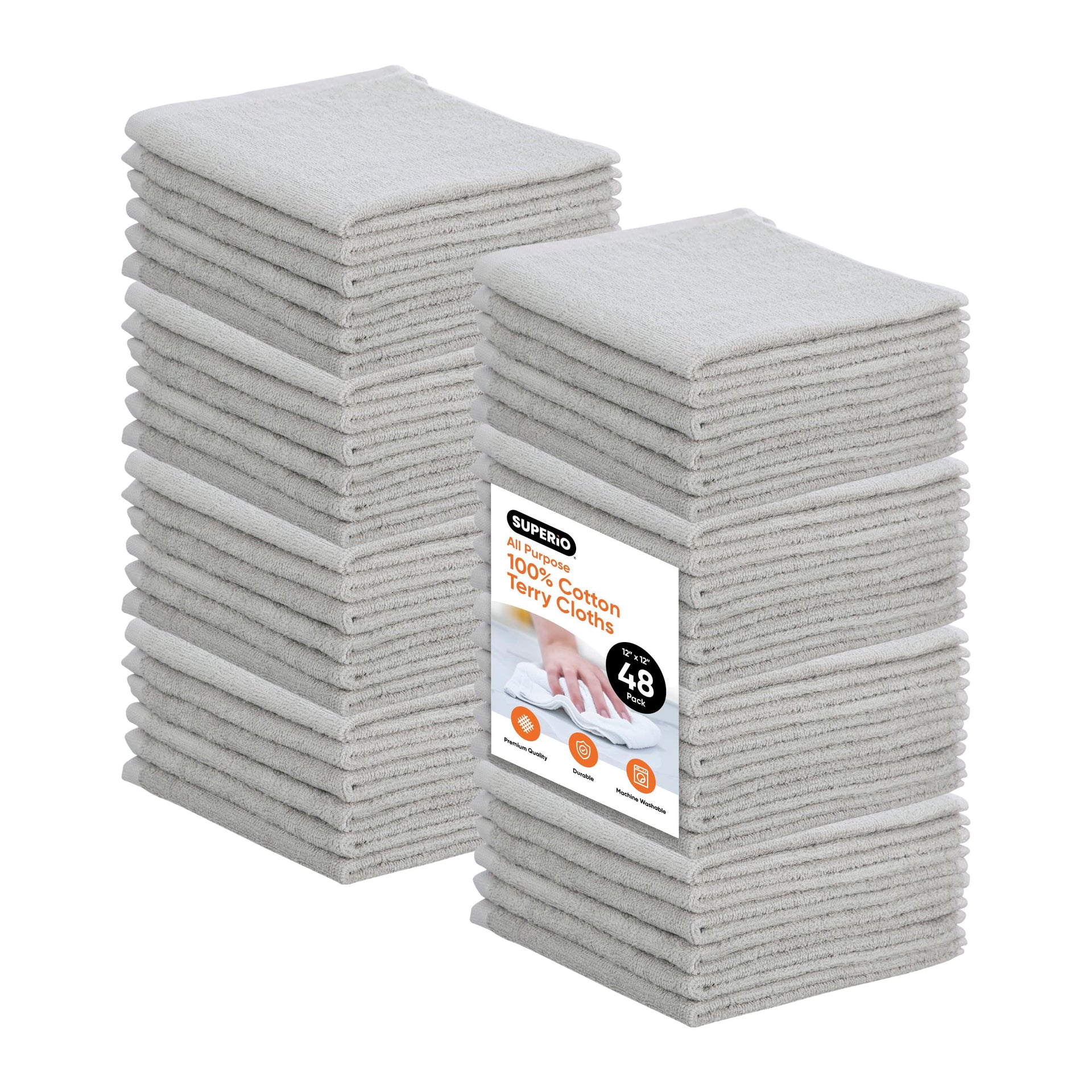 Cotton Terry Washcloths Grey Towels 100% Cotton Cleaning Cloth Rags Wash Clothes for Body and Face (48 Count)