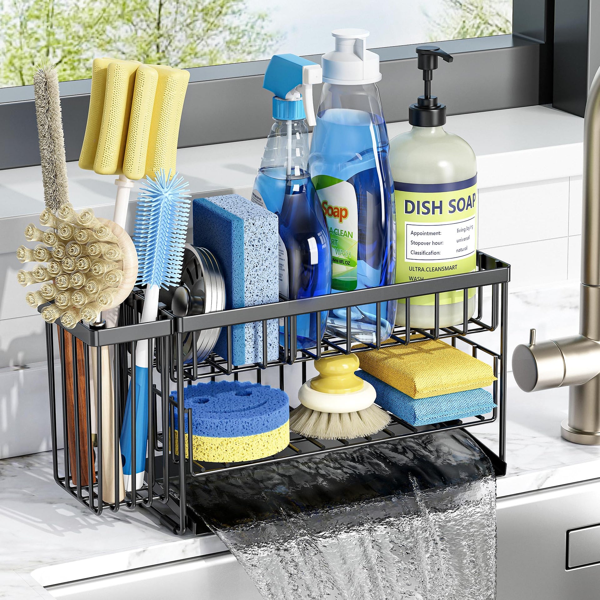 2 Tier Kitchen Sink Caddy Organzier Rack with Dish Brush Sponge Holder