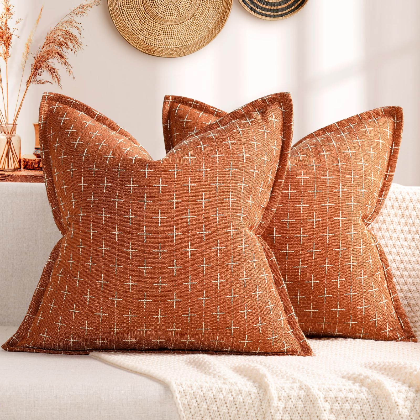 Fall Pillow Covers 20x20 Set of 2 Soft Fall Decor Polyester Textured Pillow Covers with Stylish Flange Edge Cozy Farmhouse Throw Pillows for Couch Bed Sofa Living Room (2 Count)
