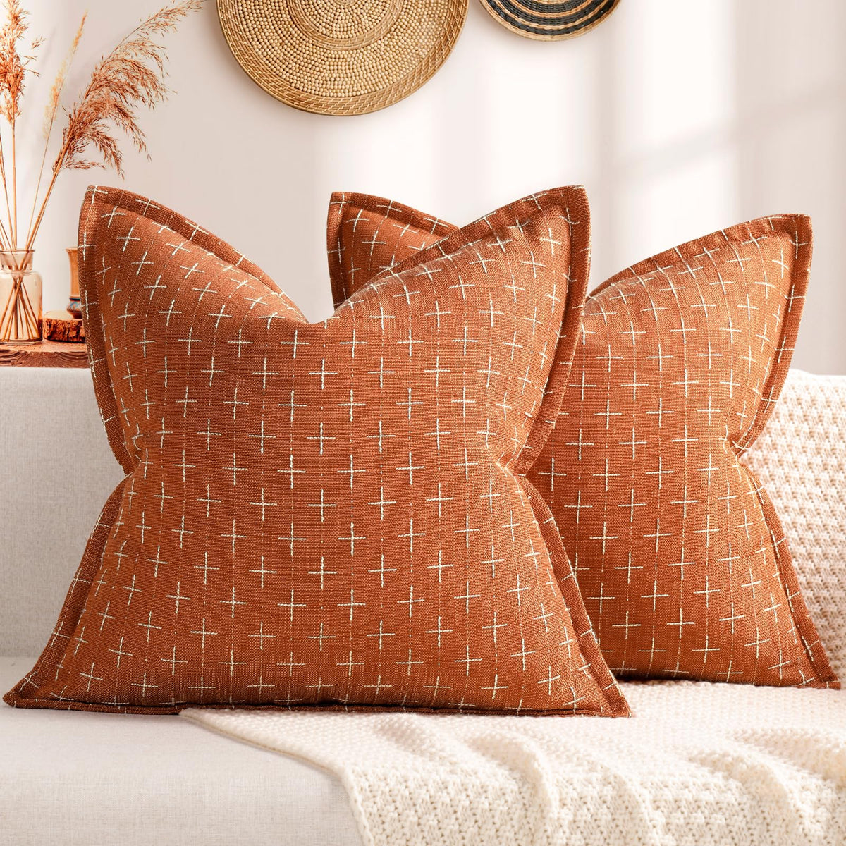 Pillow Covers 24x24 Set of 2 Soft Fall Decor Polyester Textured Pillow Covers with Stylish Flange Edge Cozy Farmhouse Throw Pillows for Couch Bed Sofa Living Room (2 Count)
