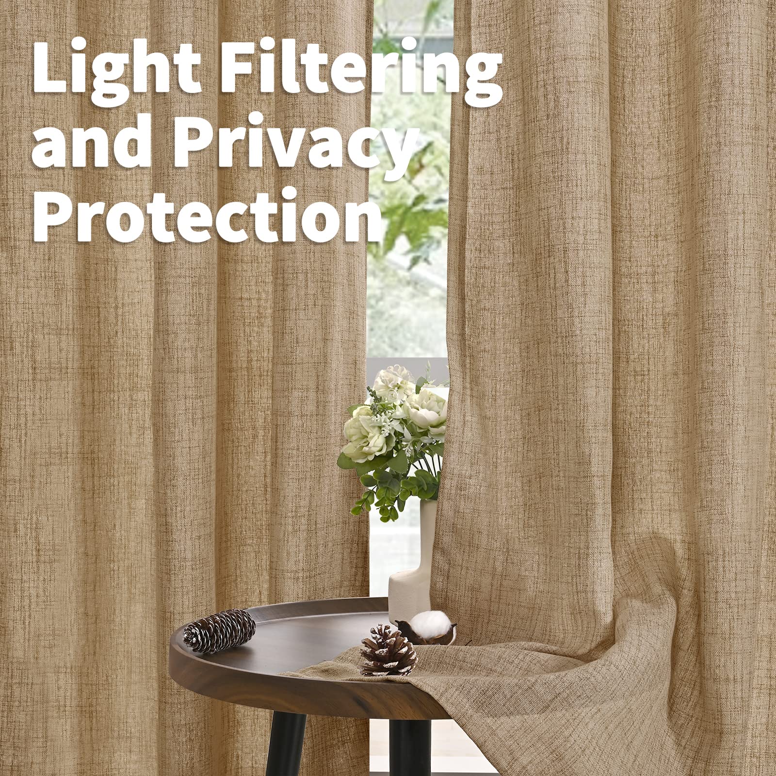 Burlap Linen Curtains 63 Inch Length for Living Room Window (2 Count)