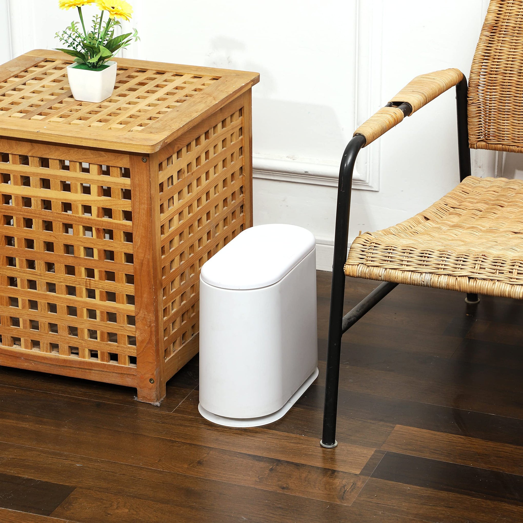 White Slim Bathroom Trash Can with Press Top Lid
