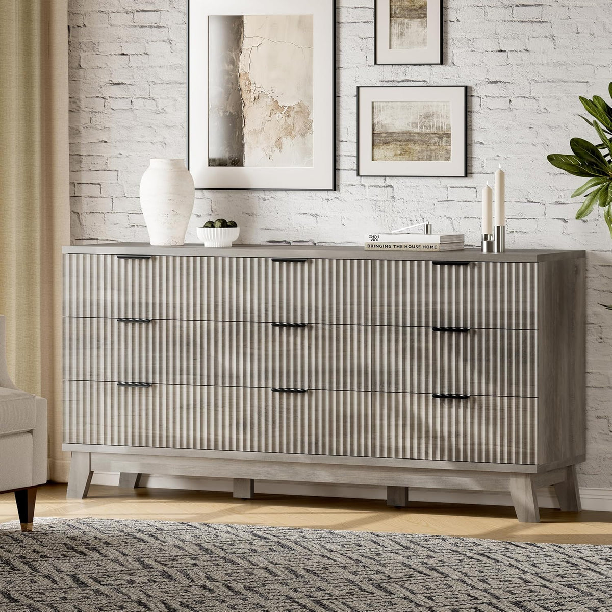 Fluted Dresser with 9 Drawers, 63" Wide Modern Chest of Drawers with Metal Handle, Wooden Dresser TV Stand, Wood Closet Clothes Storage Organizer for Bedroom, Living Room, Hallway, Light Grey