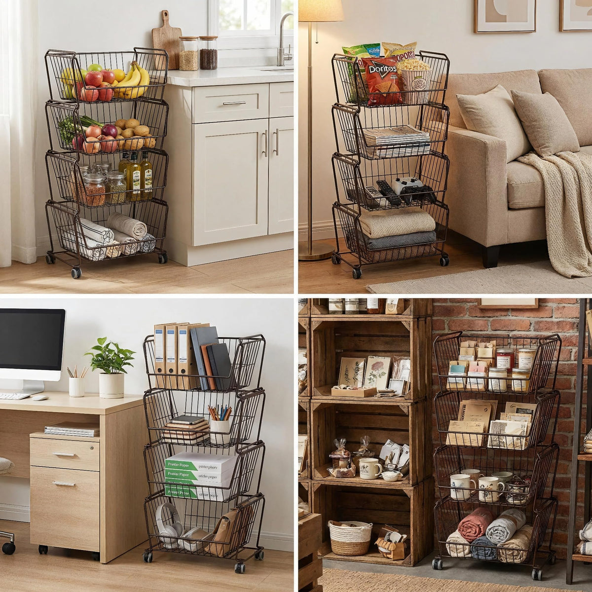 4 Tier Large Stackable Wire Storage Baskets with Wheels