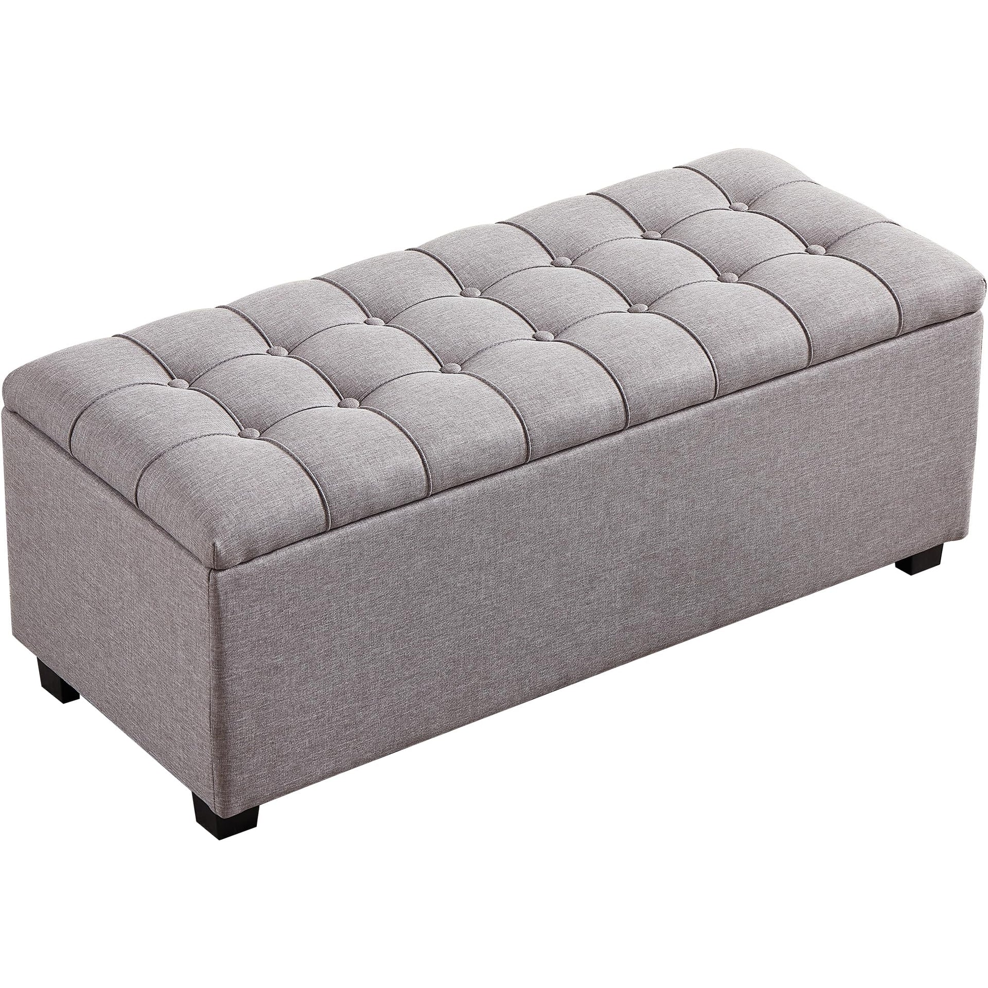 Large Soft Gray Fabric 38 Inch Storage Bench with Hinged Lid and Foot Rest