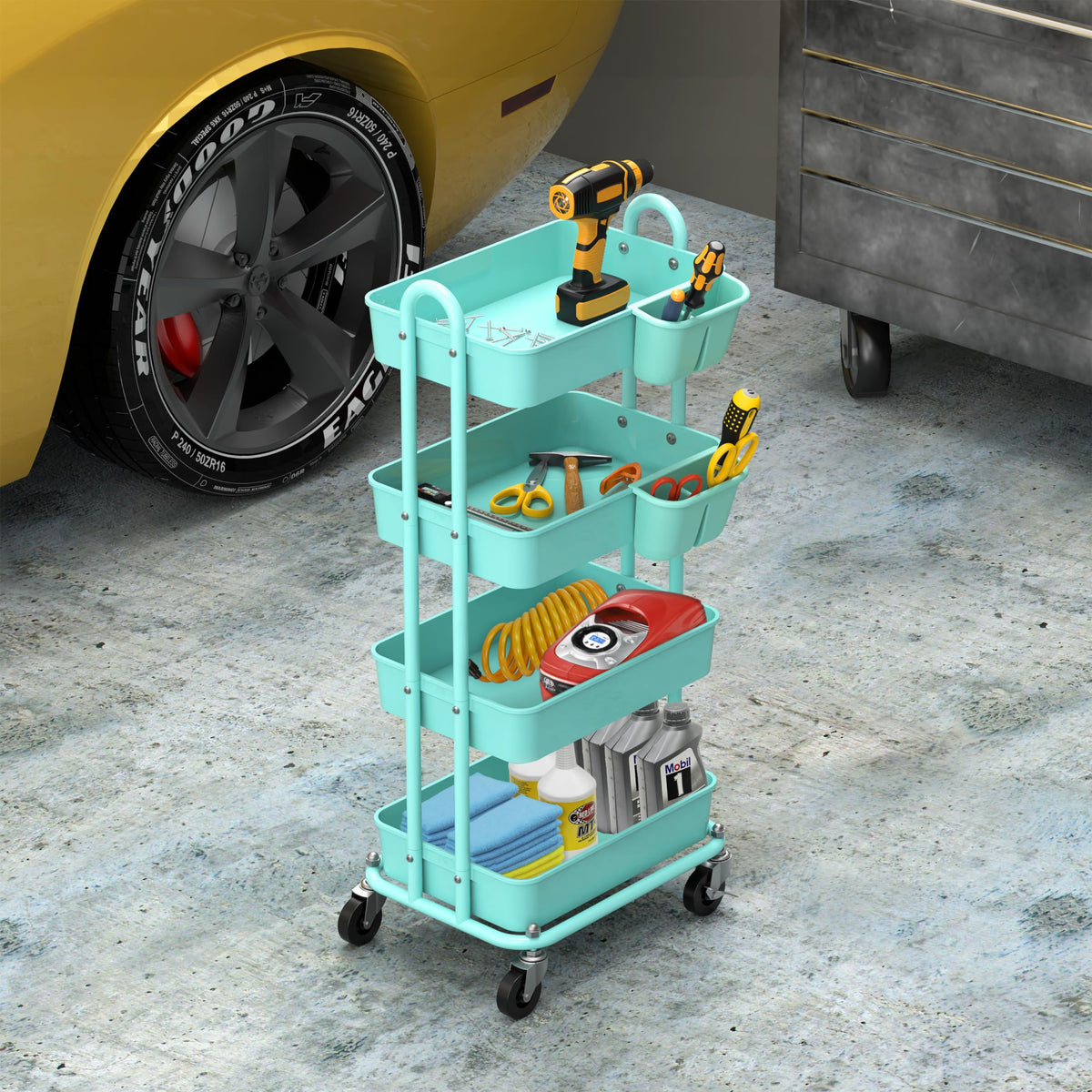 4 Tier Rolling Utility Cart with Hanging Bucket