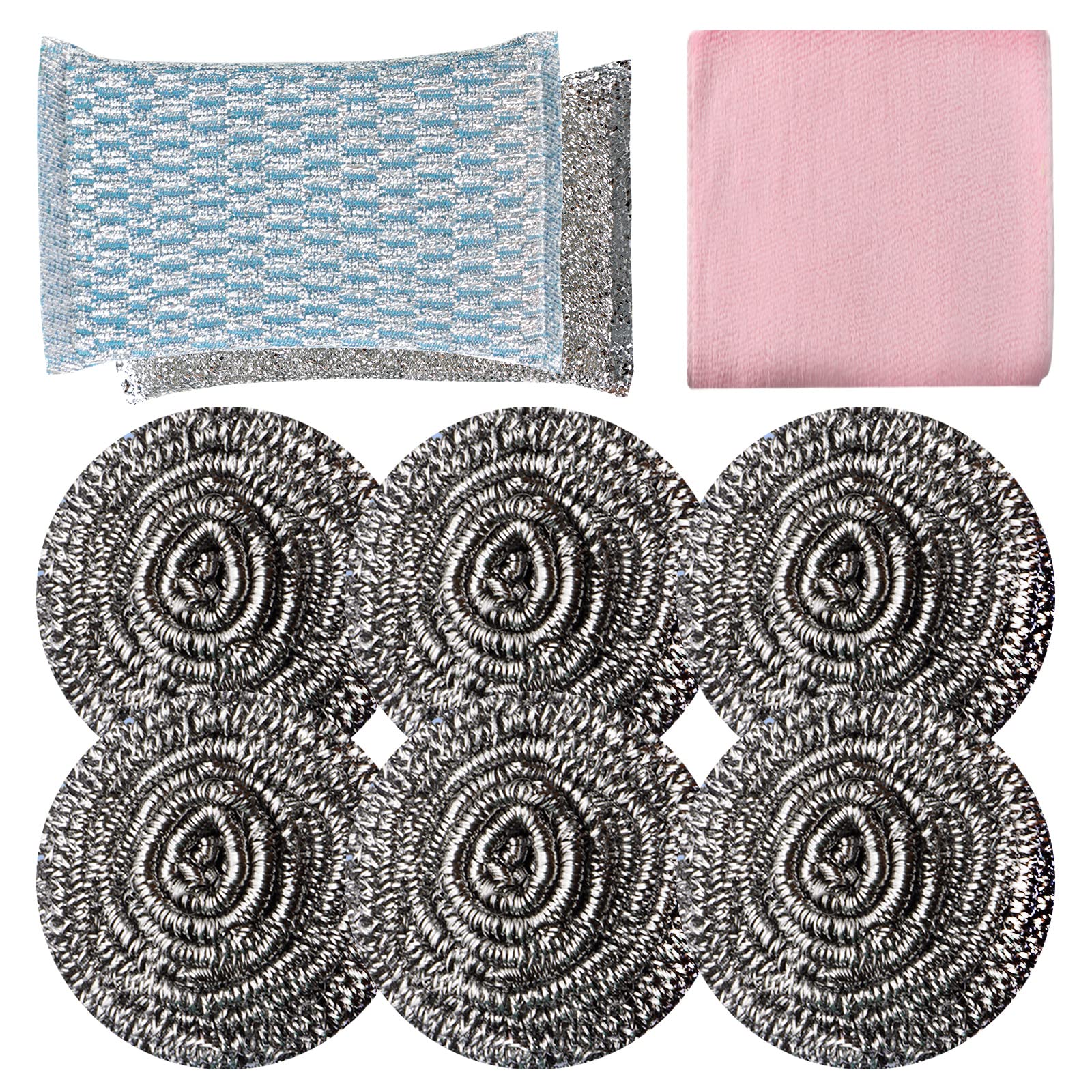 6pcs Stainless Steel Scrubber 2pcs Heavy Duty Scrub Sponges 1pcs Dish Clean Towel for Kitchens Bathroom and More (9 Count)
