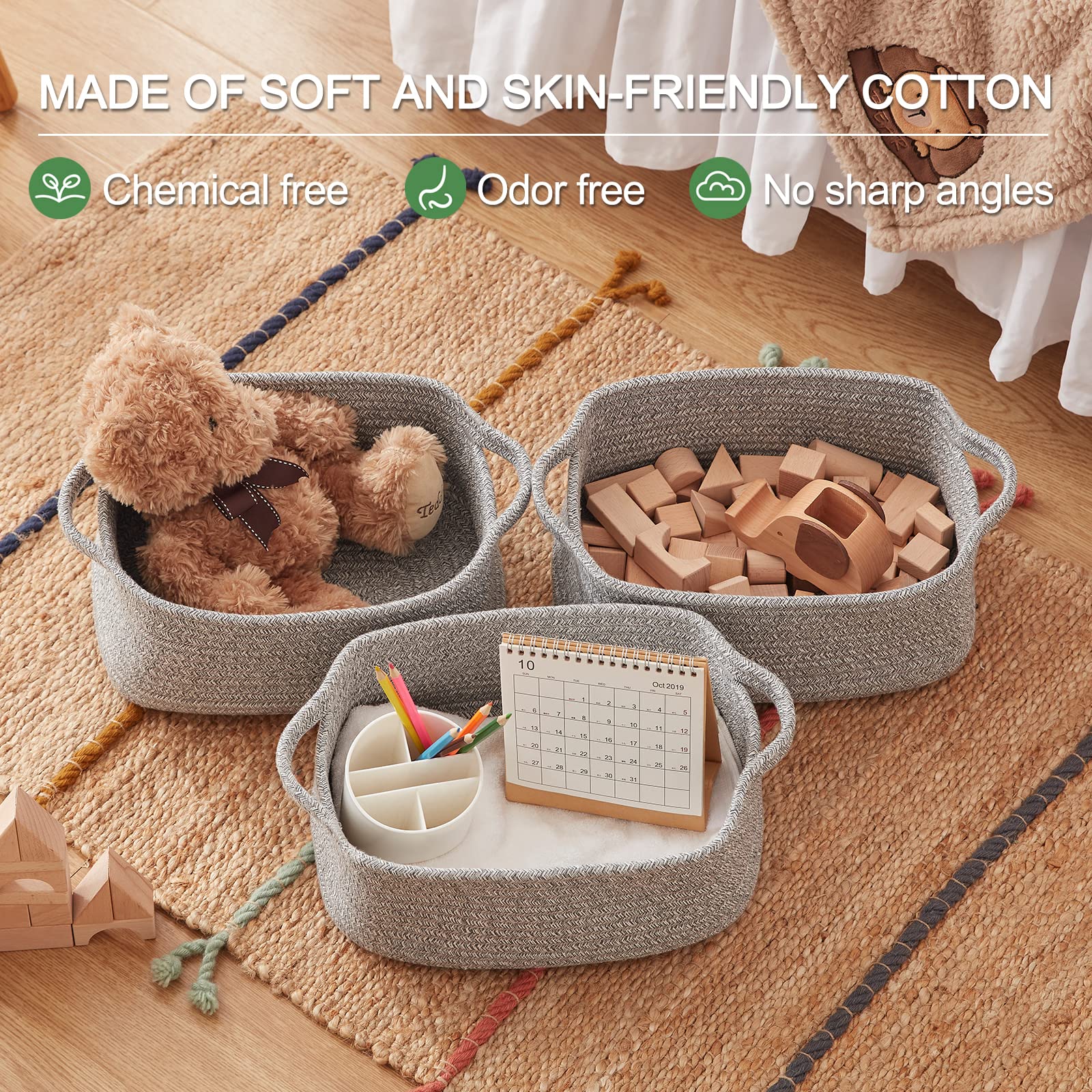3 Pack Storage Baskets for Shelves Cotton Rope Storage Bins Grey (3 Count)