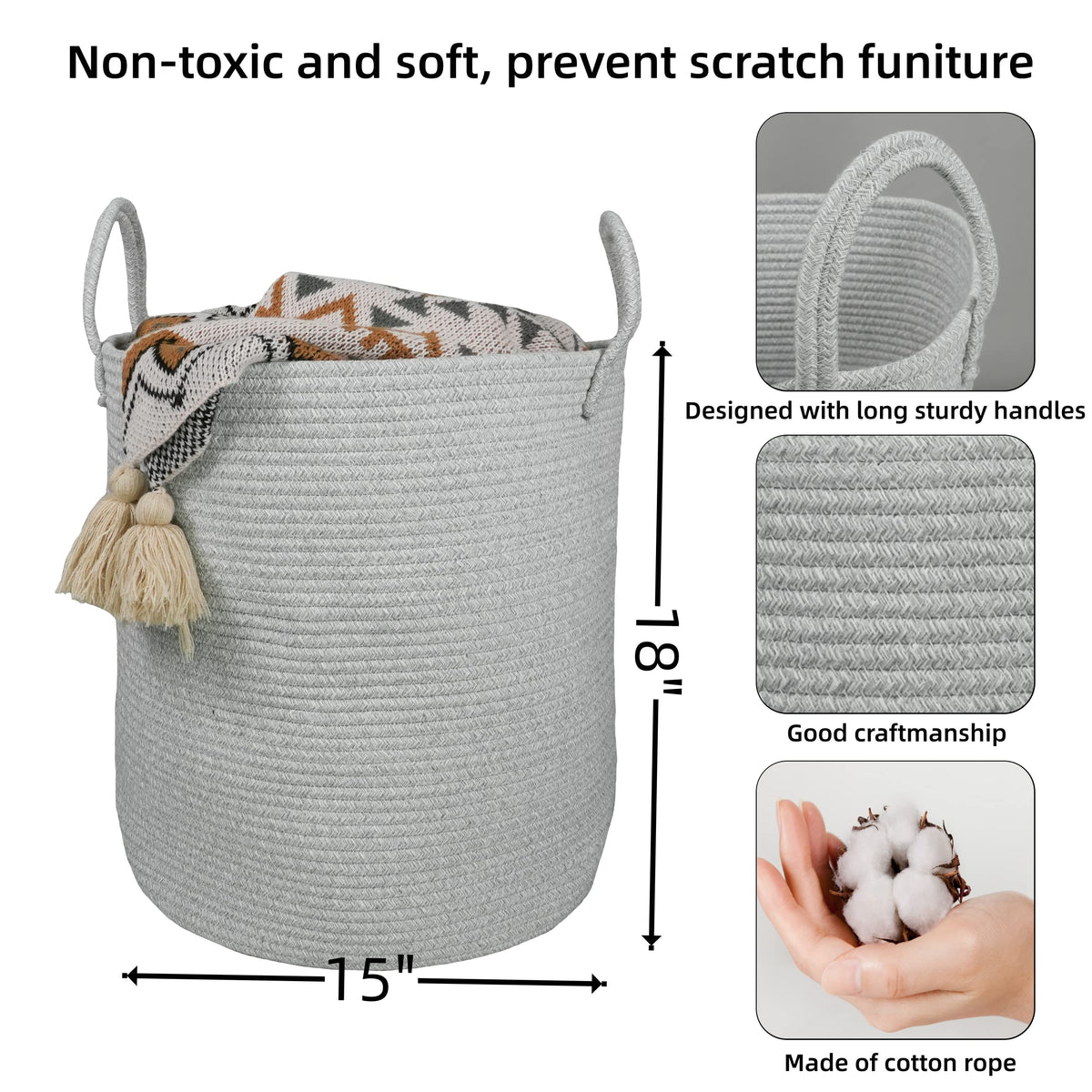 Cotton Rope Laundry Basket Hamper for Clothes Large Light Grey