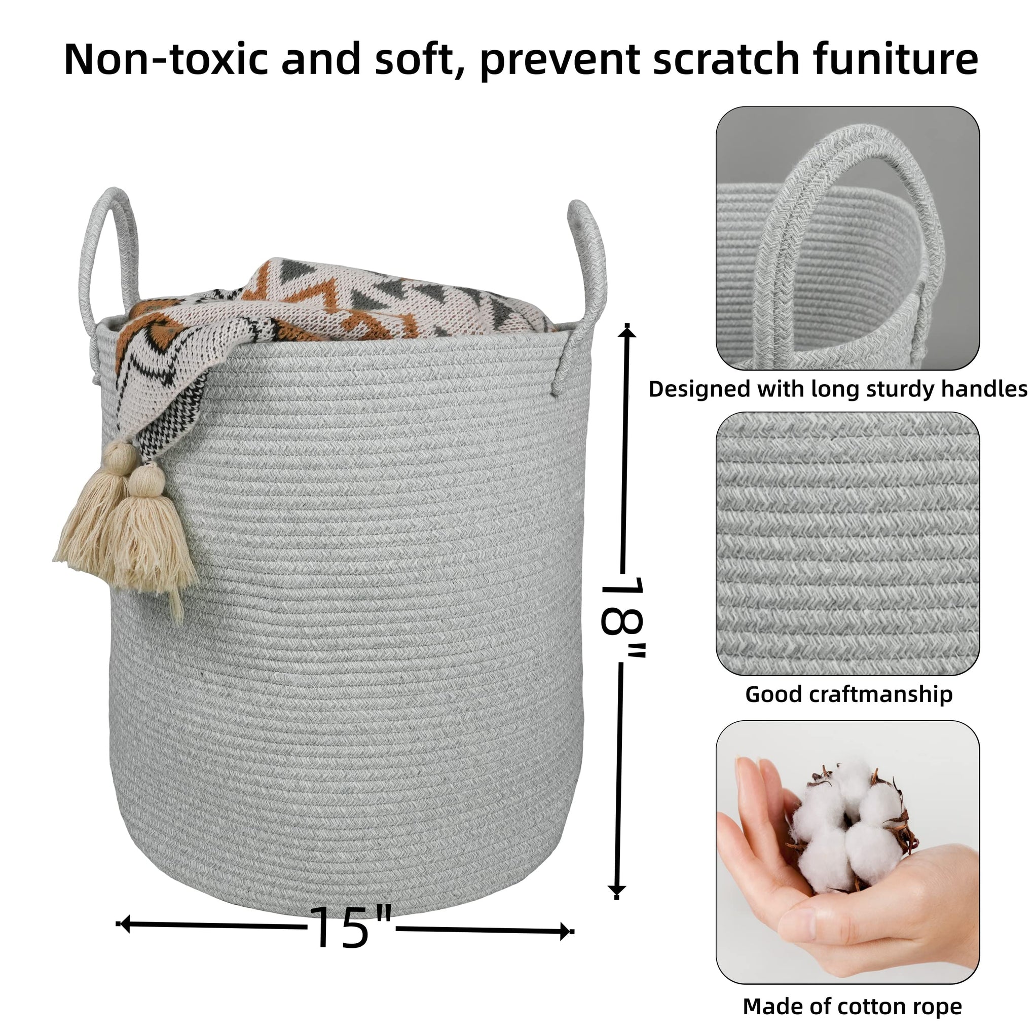Cotton Rope Laundry Basket Hamper for Clothes Large Light Grey