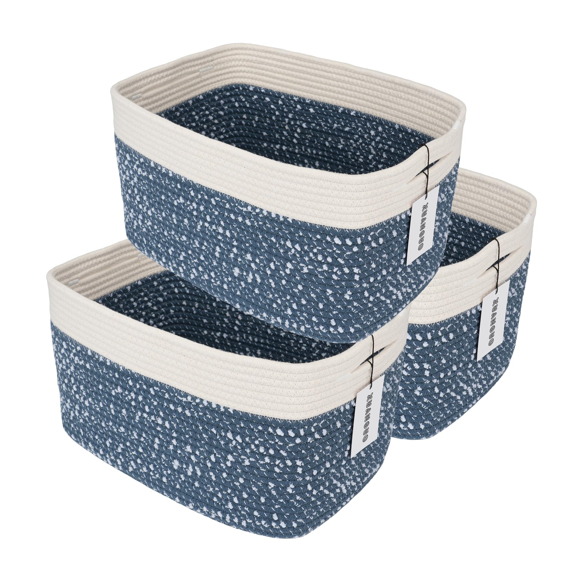 Woven Cotton Rope Storage Baskets 15x10x9.3" 3 Pack White and Blue