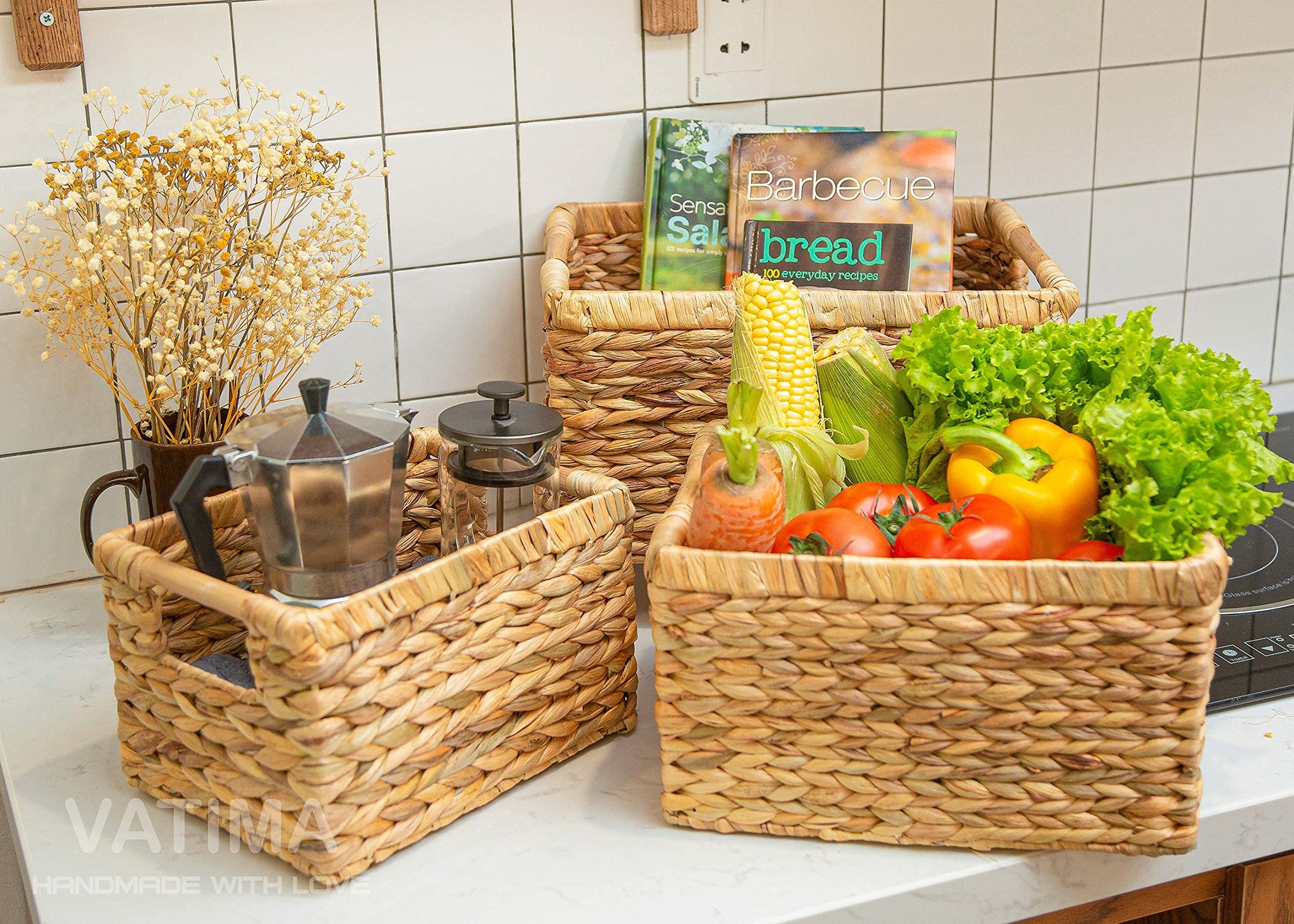 Large Rectangular Wicker Basket with Wooden Handles for Shelves and Storage