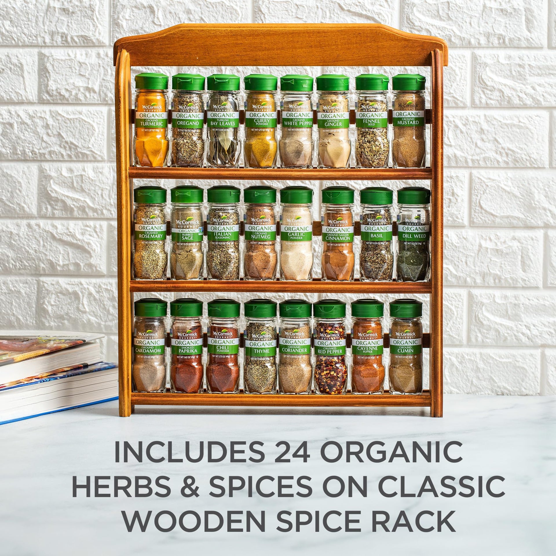 Three Tier Wood 24 Piece Organic Spice Rack Organizer with Spices Included (27.6 Ounce)