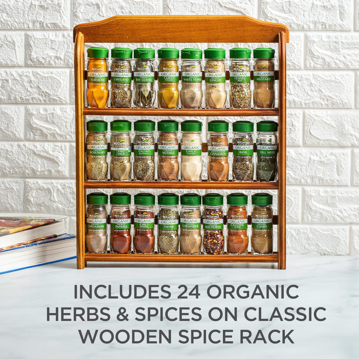 Three Tier Wood 24 Piece Organic Spice Rack Organizer with Spices Included (27.6 Ounce)