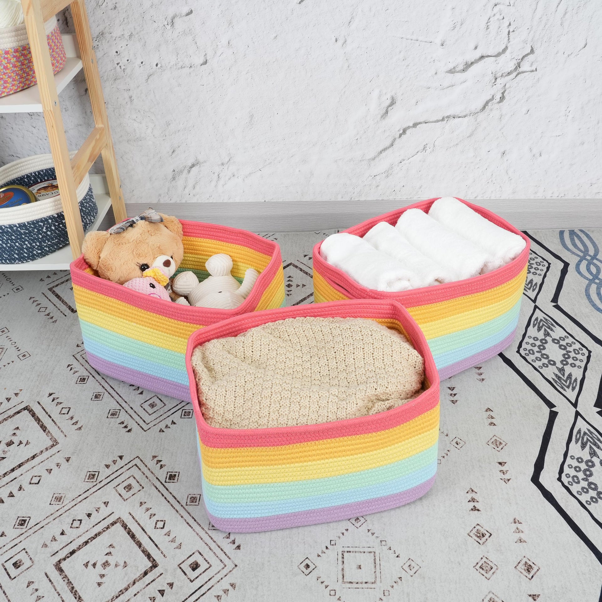 Woven Cotton Rope Storage Baskets 15x10x9.3" 3 Pack Rainbow