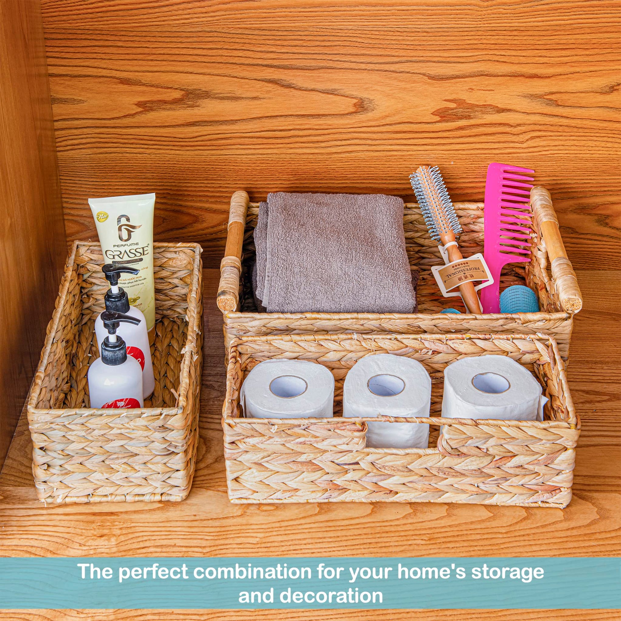 Large Water Hyacinth Storage Baskets for Organizing with Wooden Handles for Shelves (3 Count)
