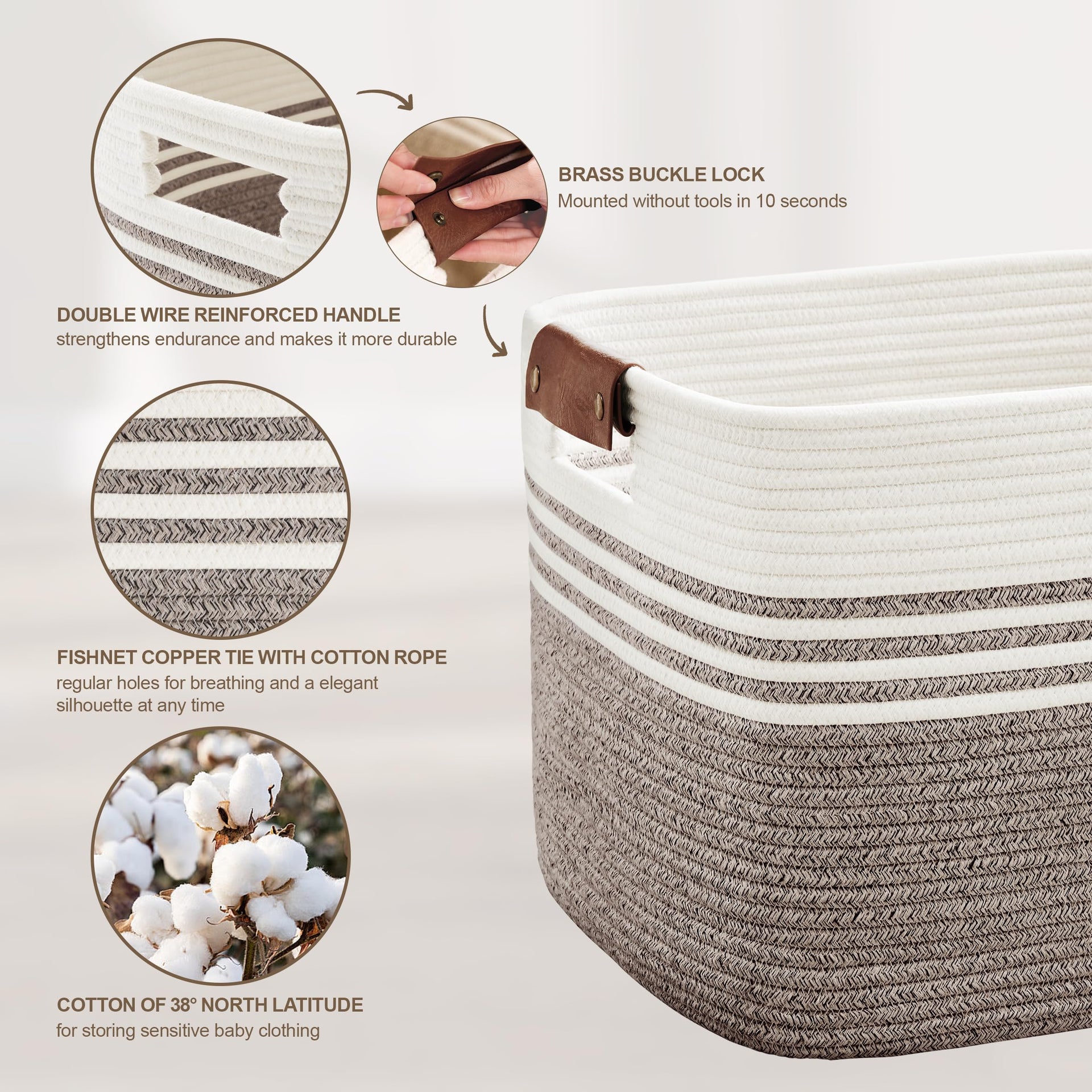 45L Woven Laundry Basket Hamper with Leather Handles