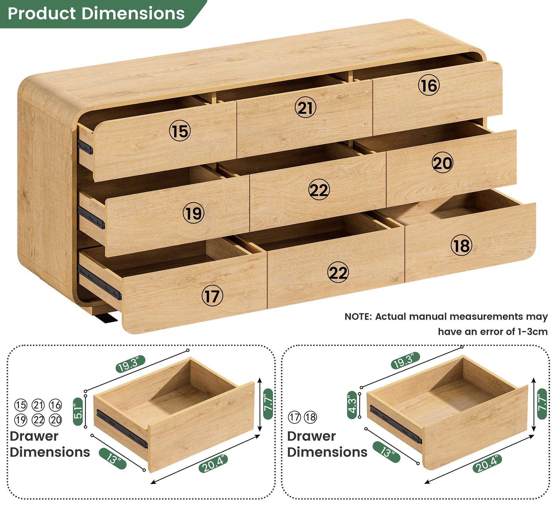Natural Dresser for Bedroom with 9 Drawers