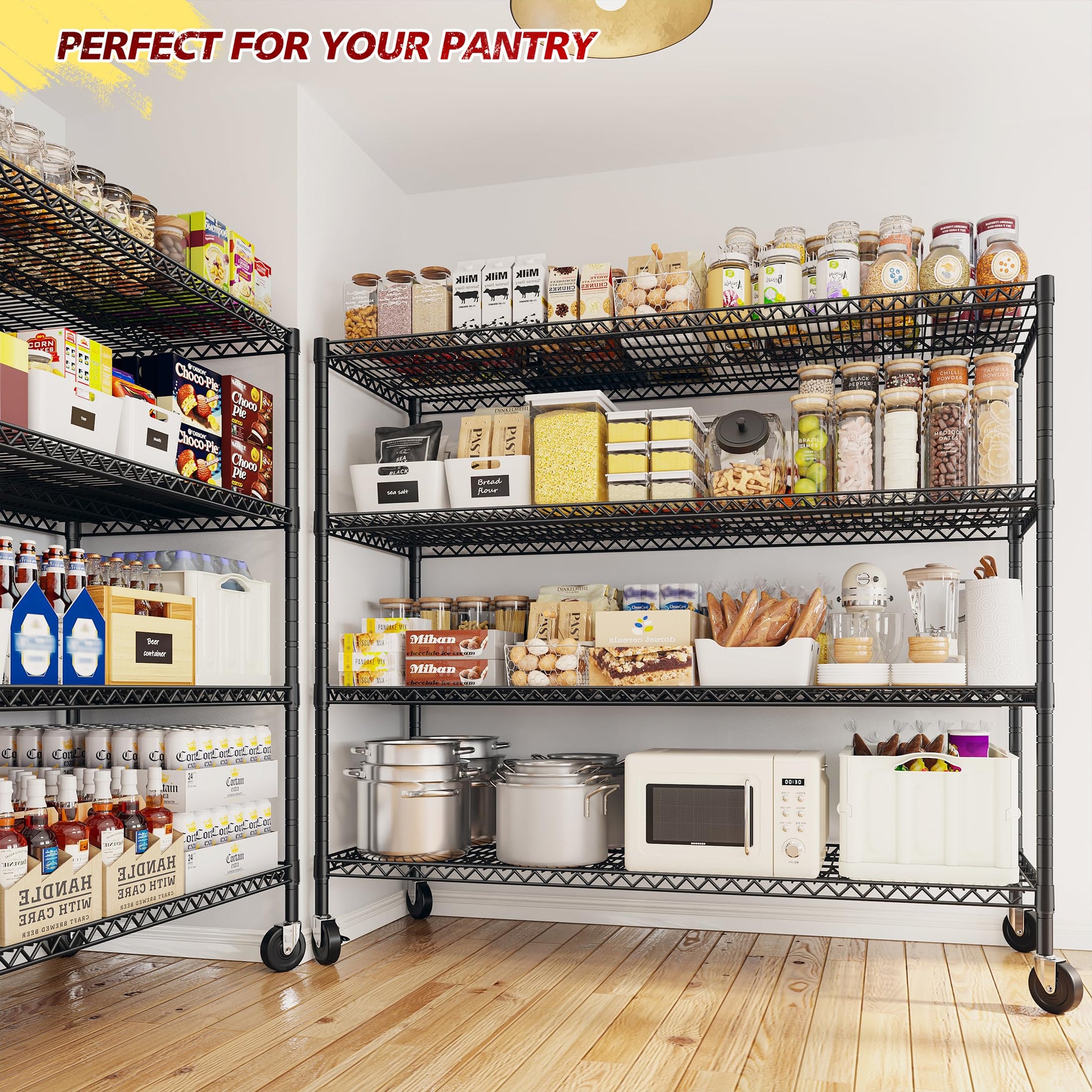 55.52''W Storage Shelves 2480LBS Wire Shelving Unit with Wheels Heavy Duty Metal Shelves for Storage Adjustable Garage Storage Rack Pantry Shelf (3 Count)
