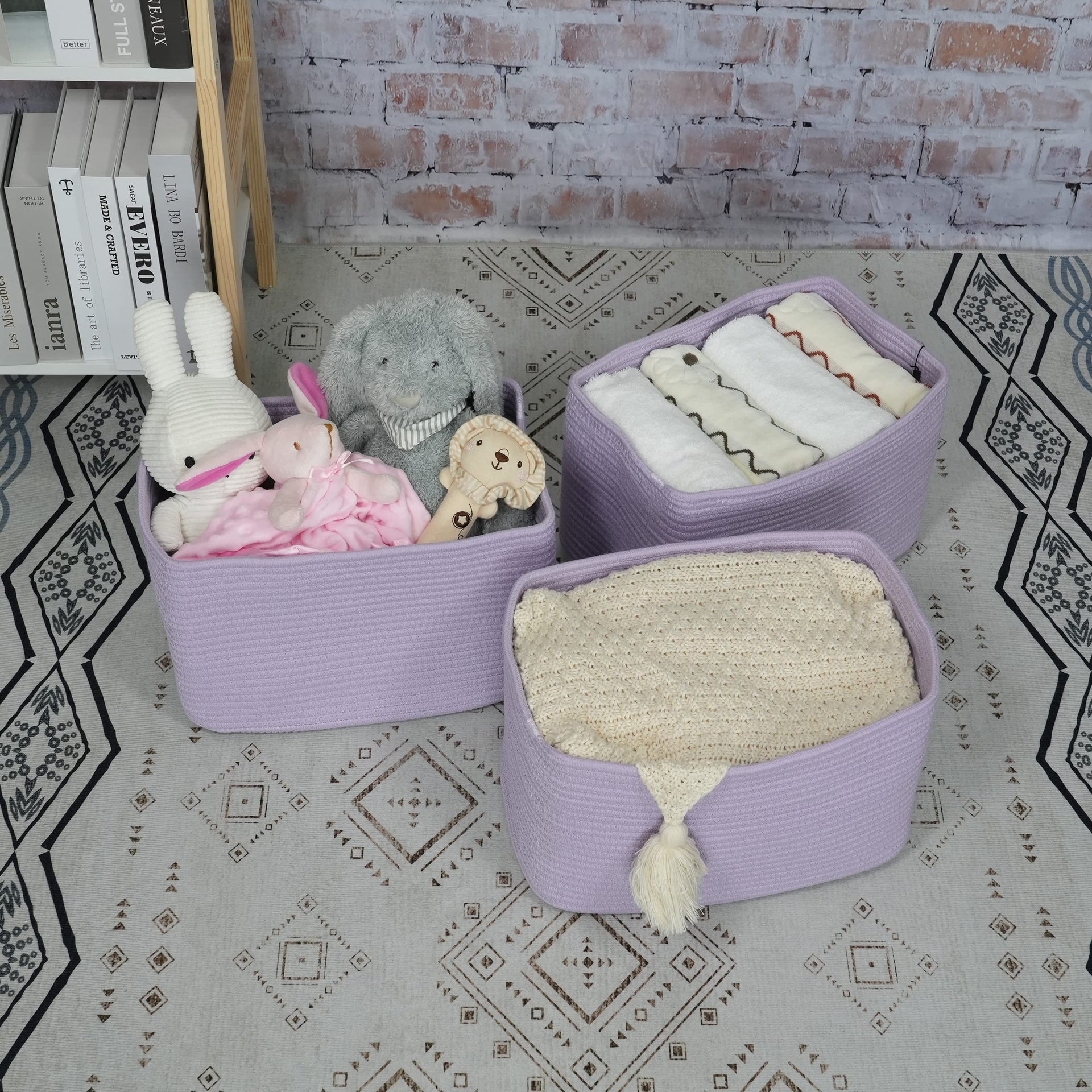 Woven Cotton Rope Storage Baskets 15x10x9.3" 3 Pack Purple Lavender