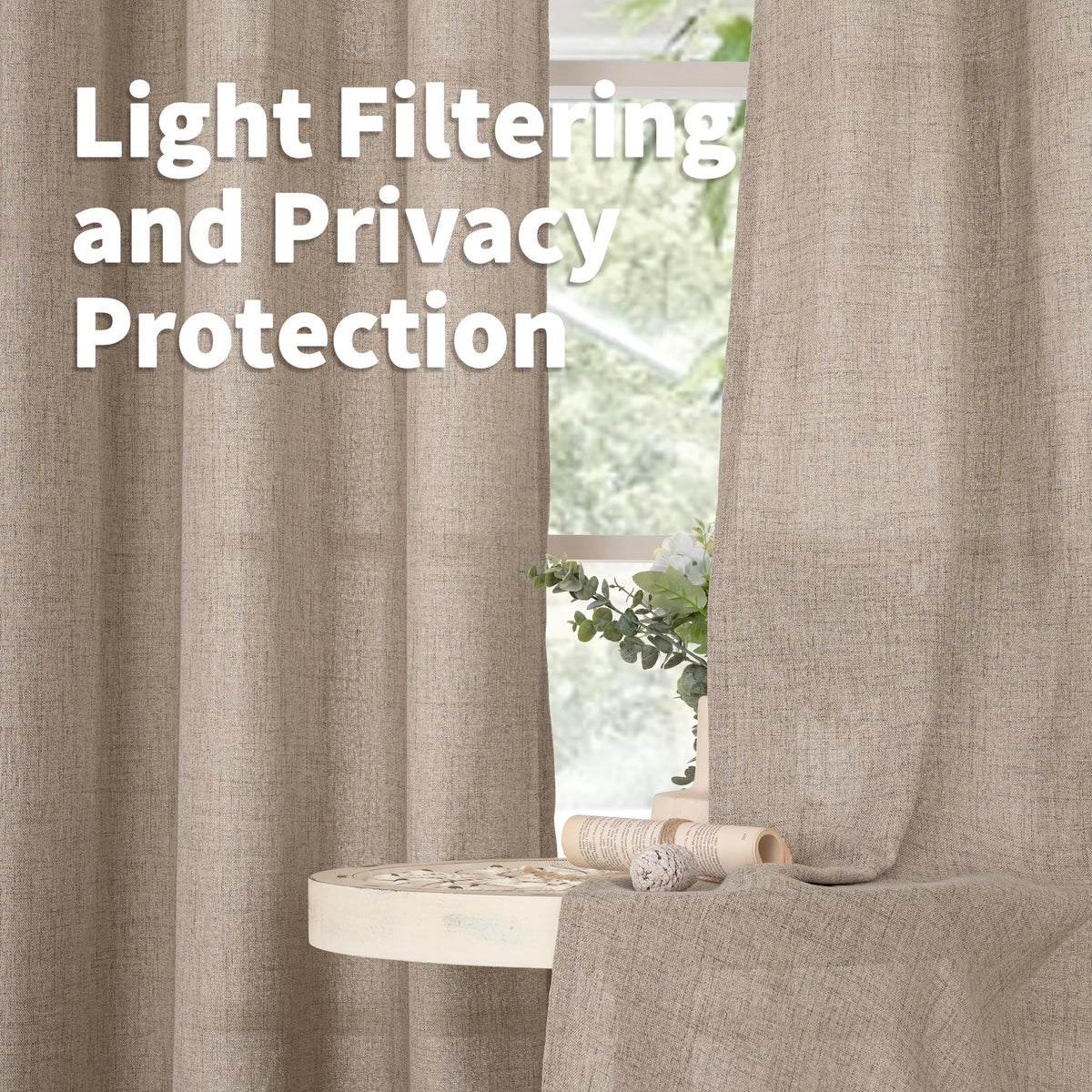 Dark Oatmeal Linen Curtains 63 Inch Length for Living Room (2 Count)