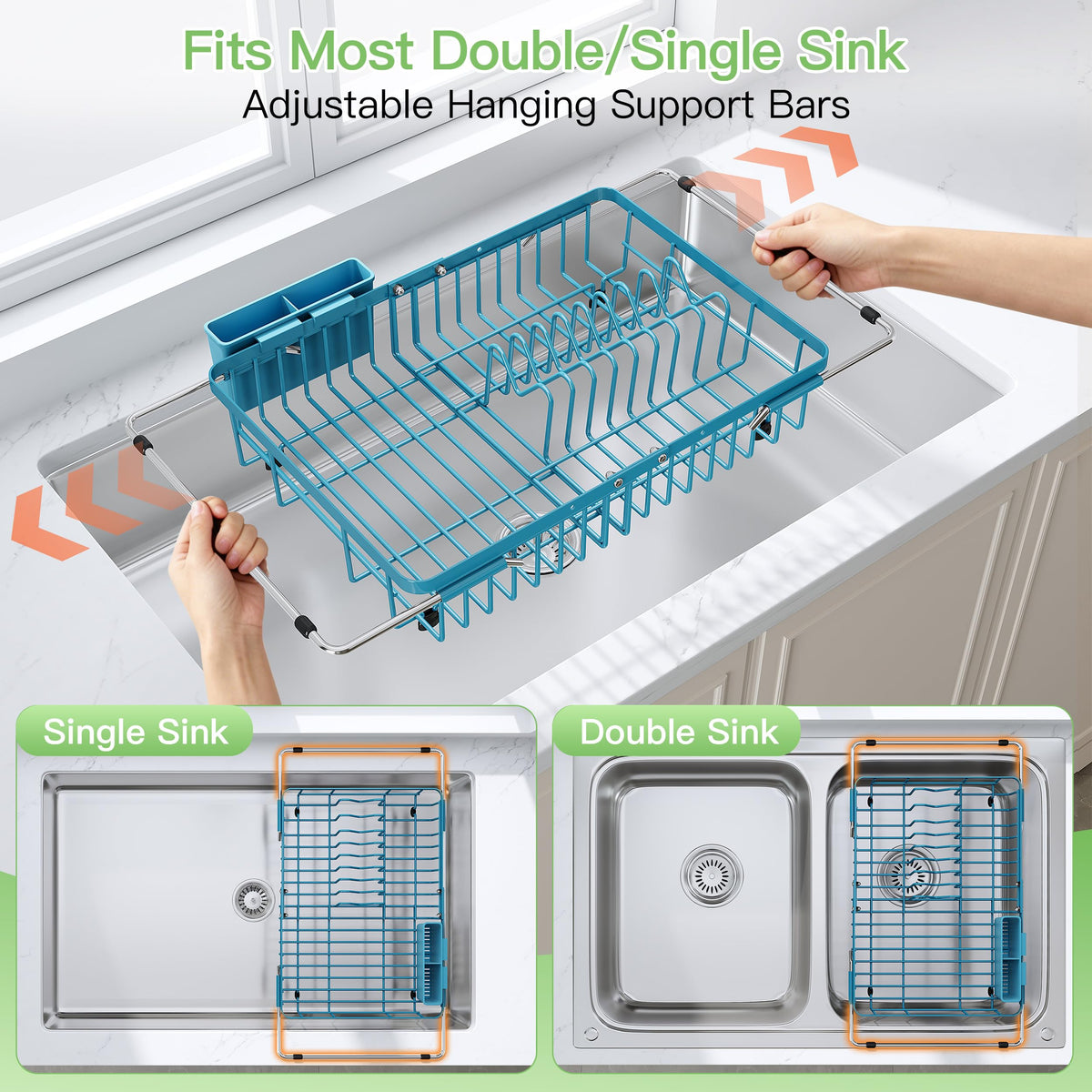 Blue Dish Drying Rack Over the Sink with Utensil Holder