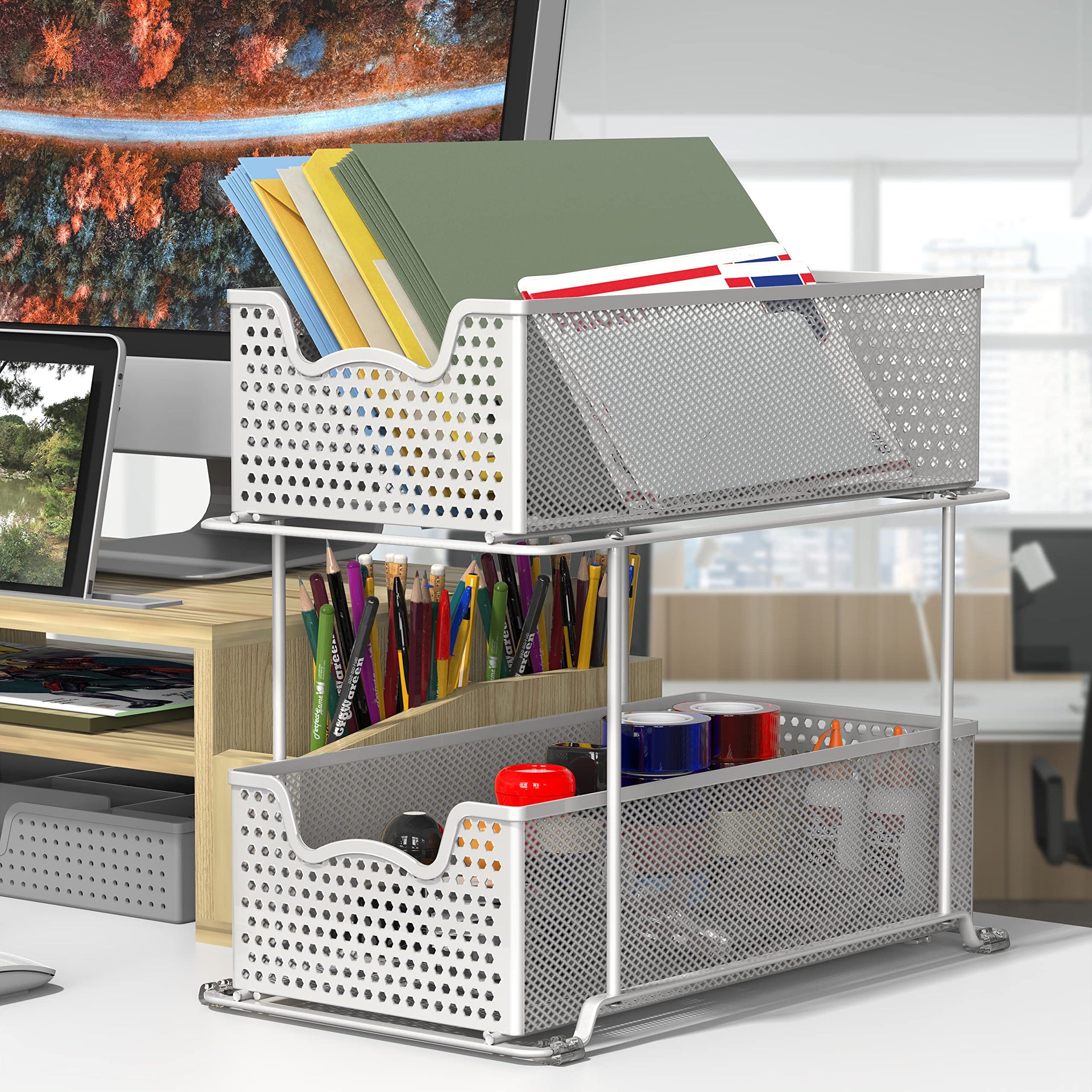 2 Tier Sliding Cabinet Basket Organizer Drawer