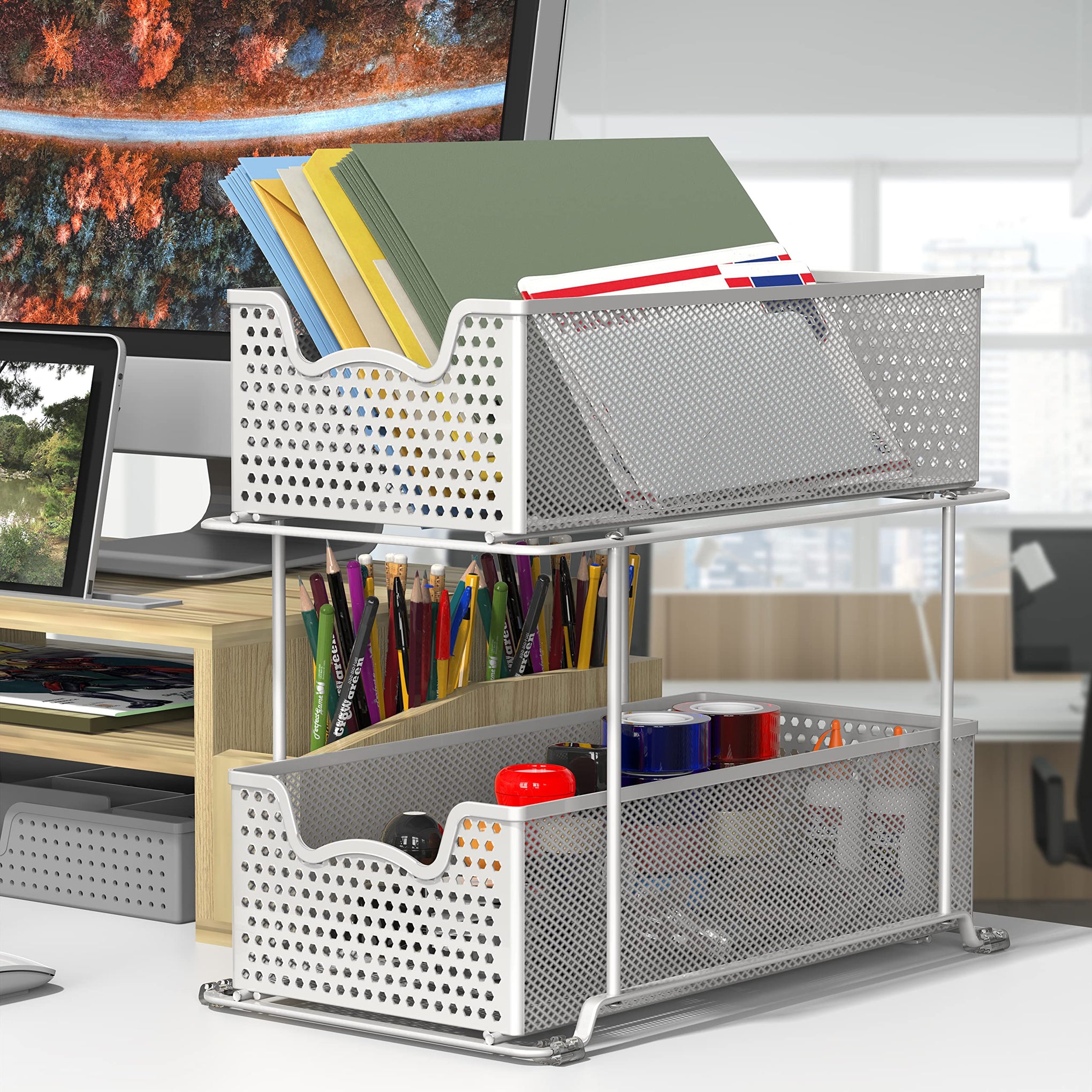 2 Tier Sliding Cabinet Basket Organizer Drawer
