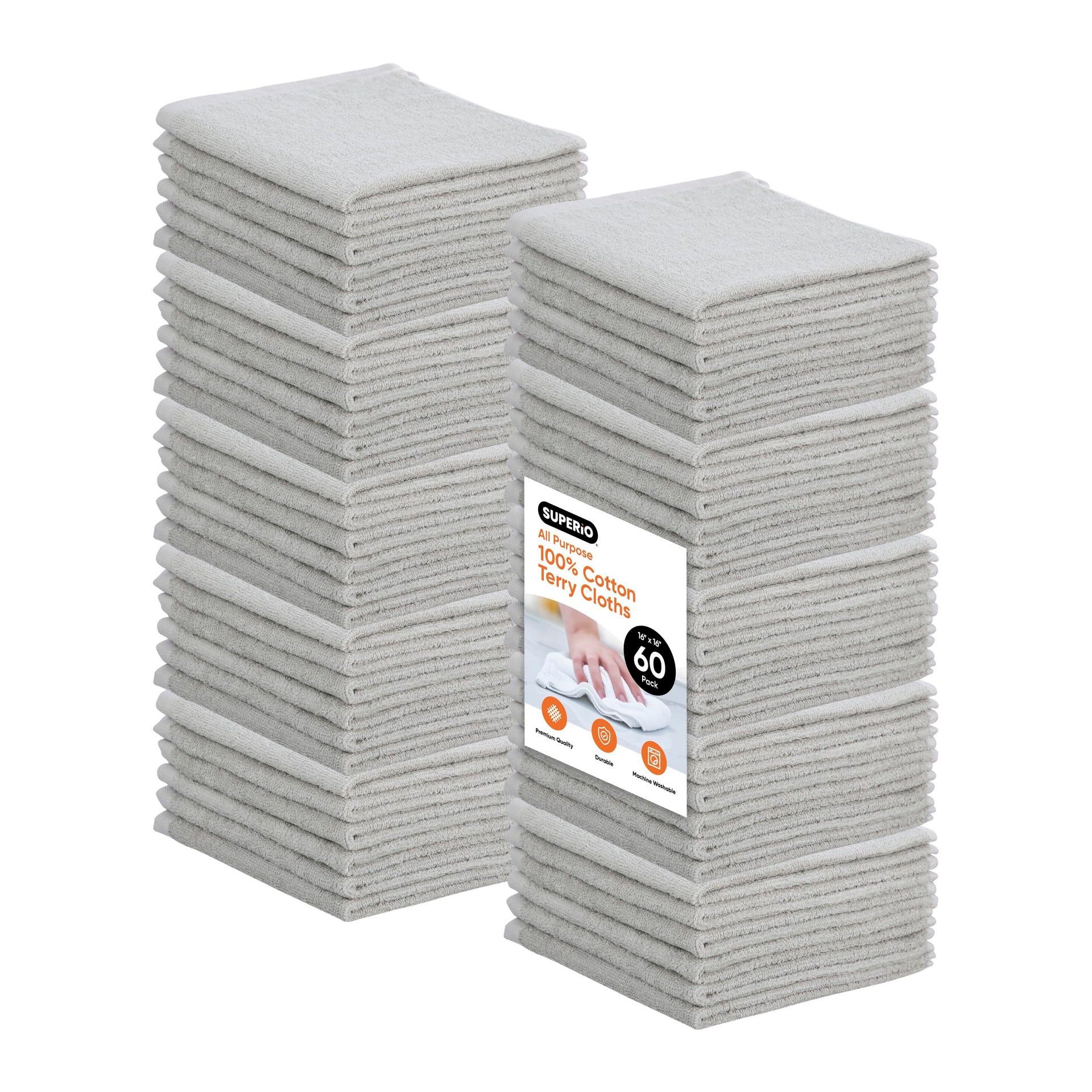 Cotton Terry Washcloths Grey Towels 100% Cotton Cleaning Cloth 16" Rags Wash Clothes for Body and Face (60 Count)