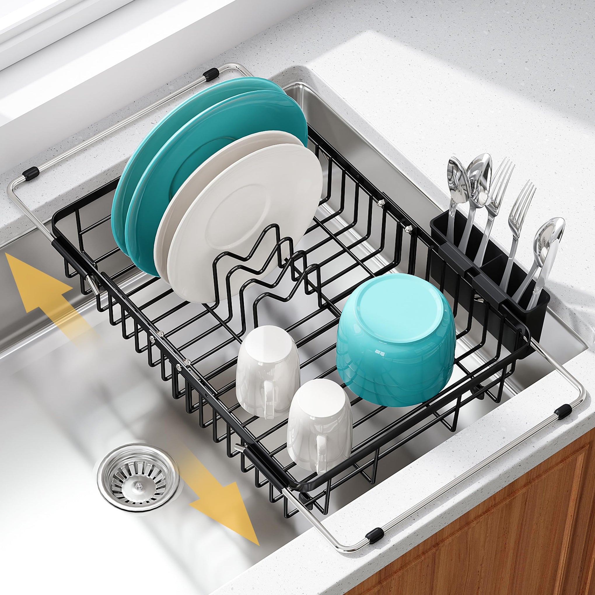 Black Dish Drying Rack Over the Sink with Utensil Holder