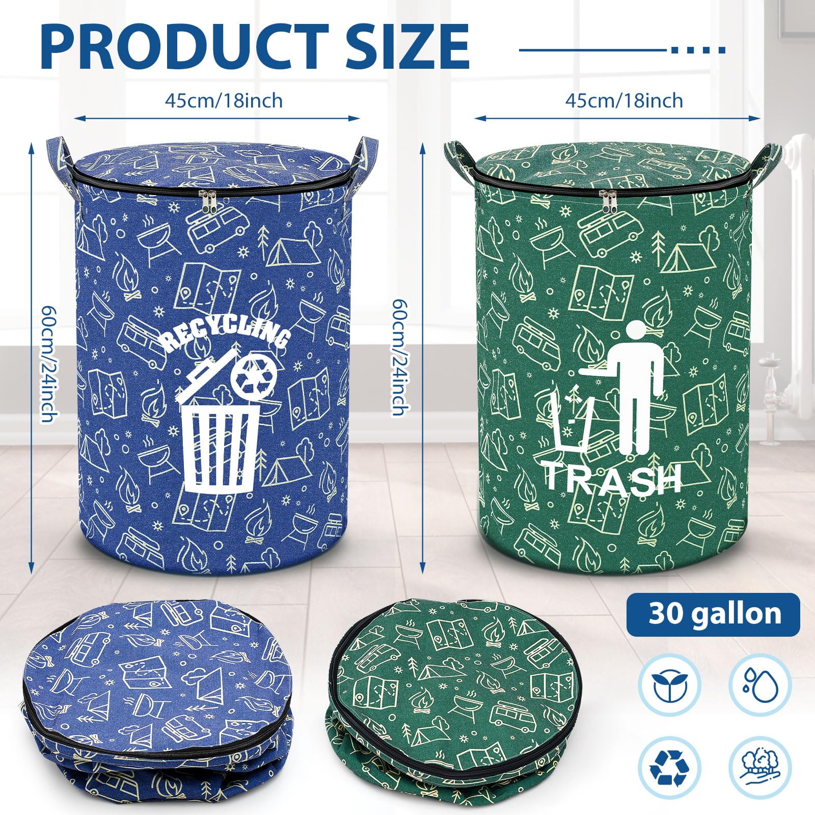 2 Pack Collapsible Trash Can Camping with Zippered Lid Foldable Storage Bin Portable Garbage Can for Outdoor Camping RV's Yard Waste (2 Count)