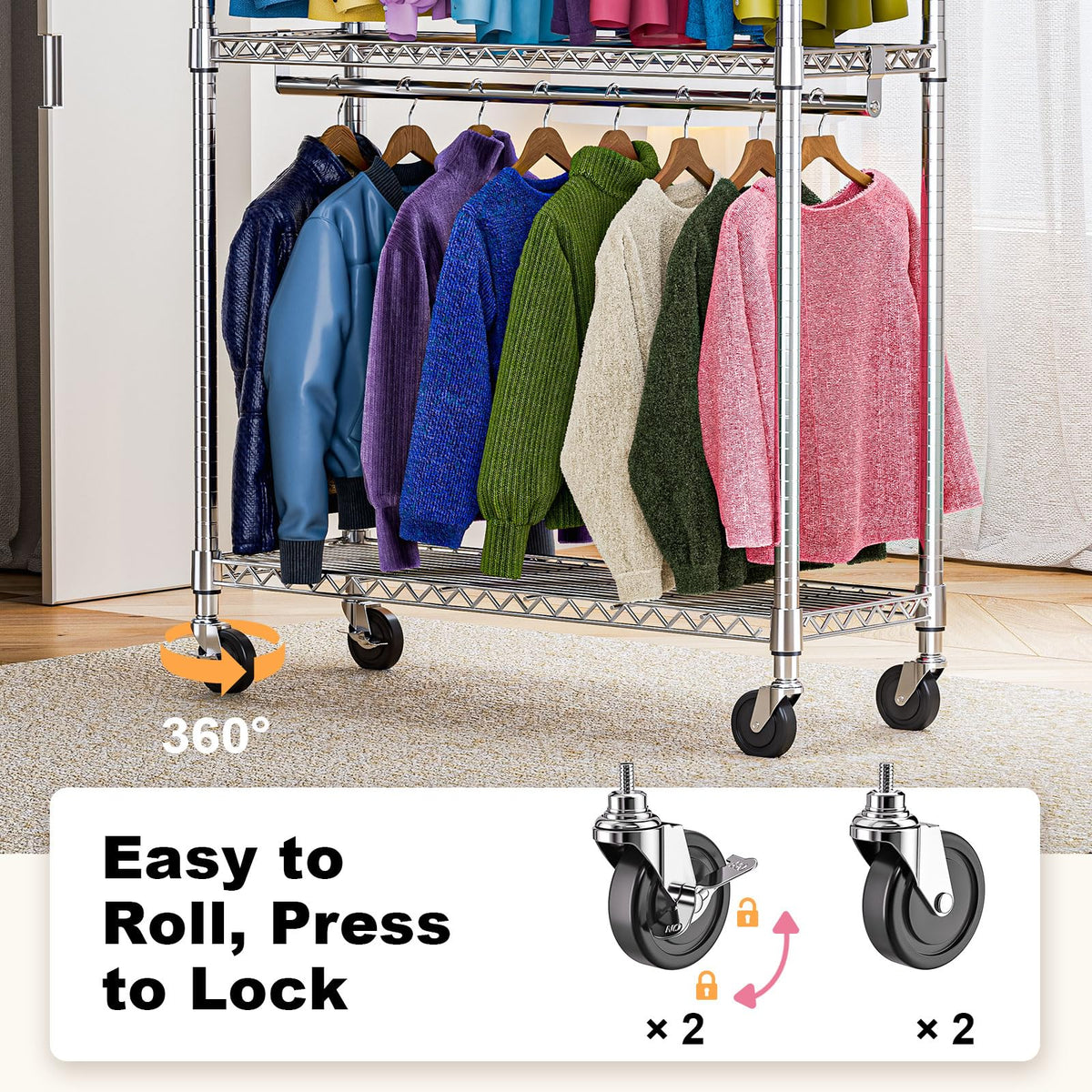 Heavy Duty Rolling Garment Rack 3 Tiers Adjustable Wire Shelving Clothes Rack with 2 Rods and Side Hooks