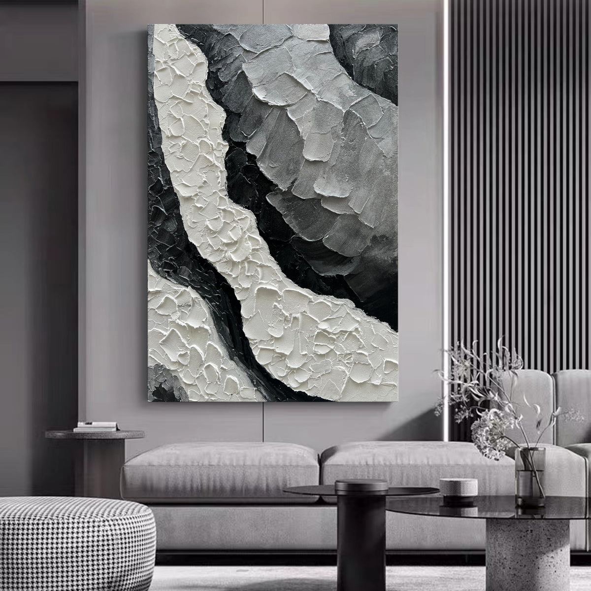 Art Hand Painted Thick Texture Black and White Minimalist Oil Painting 45x30 inch Large Office Corridor Living Room Wall Decorative Art Painting