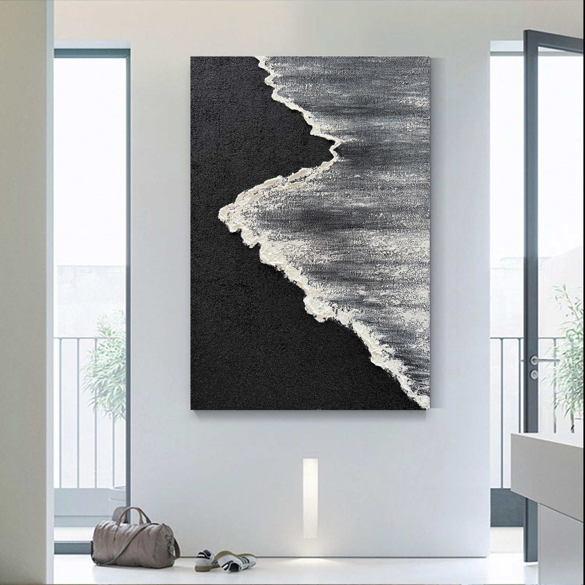 Art Hand Painted 3D Ocean Landscape Oil Painting Black and White Abstract Canvas Art Mural Family Wall Decoration Art 45x30 inches