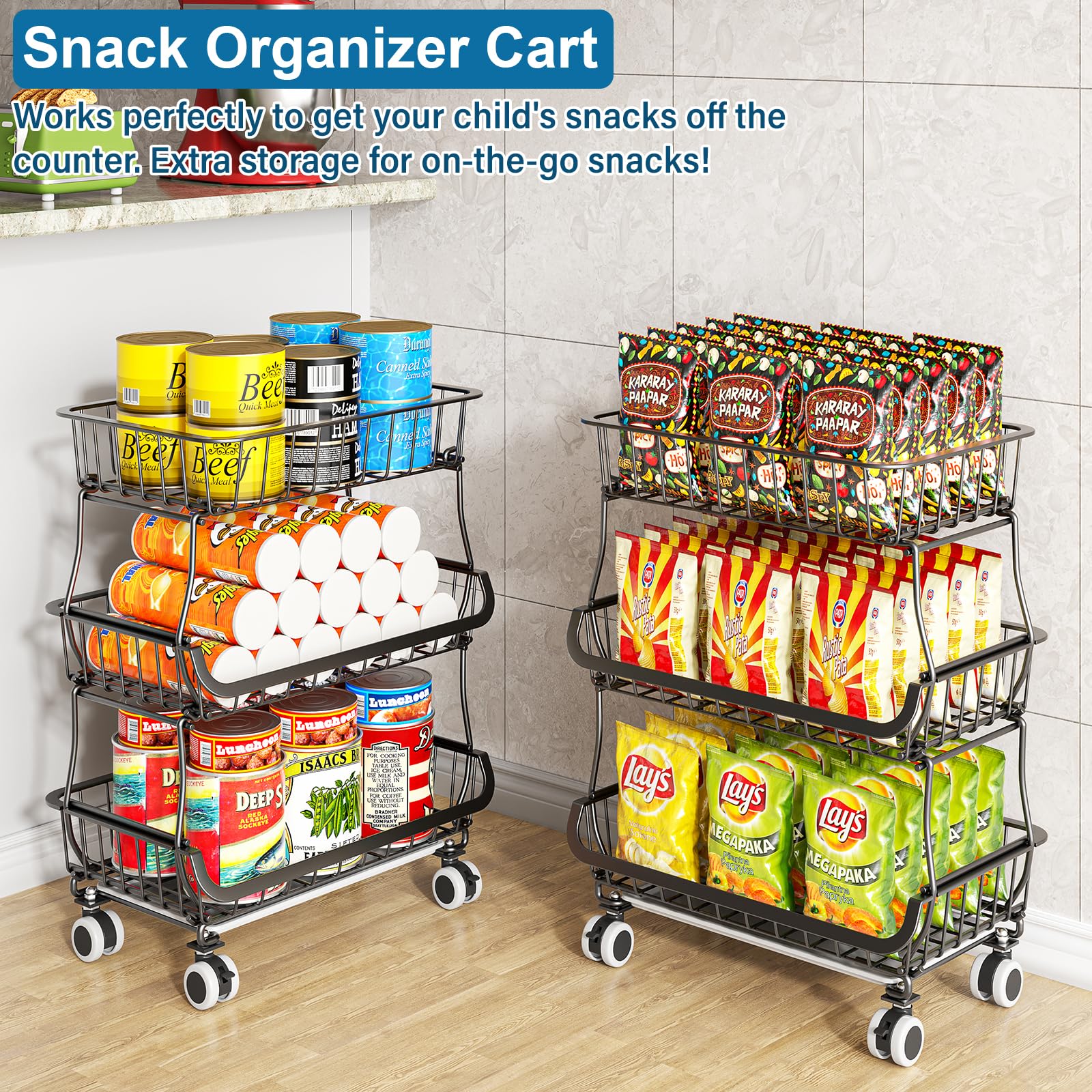 3 Tier Rolling Pantry Floor Organizers and Storage Cart with Wheels (3 Count)