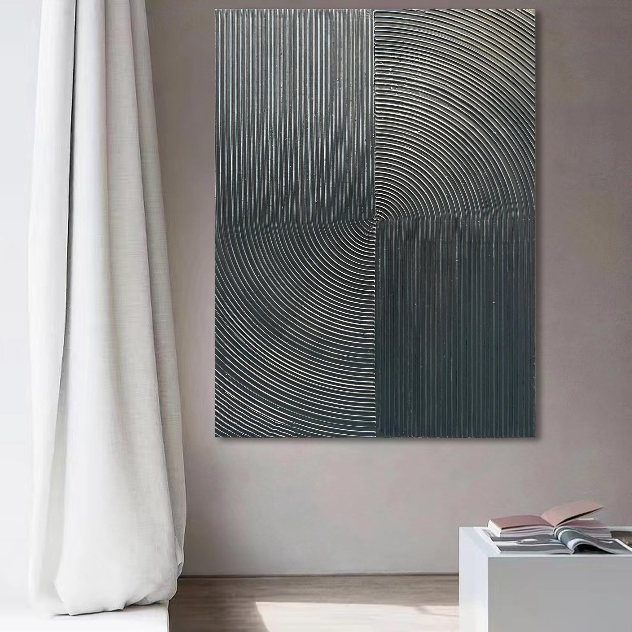 Hand Painted Abstract Modern Oil Painting 40x28 Inch Black Texture Contemporary Wall Art Minimalist Frame Artwork for Wall Decoration