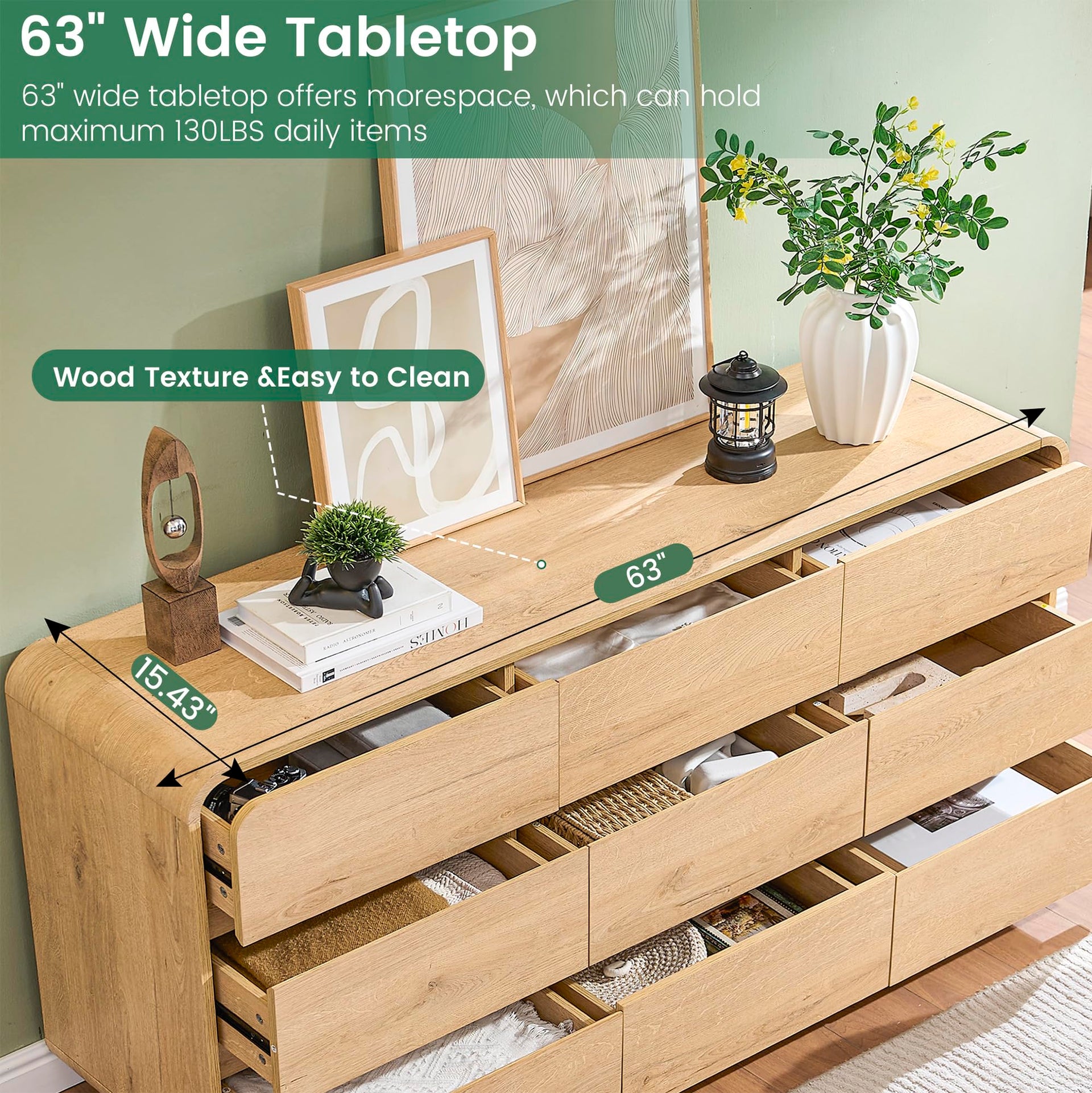 Natural Dresser for Bedroom with 9 Drawers