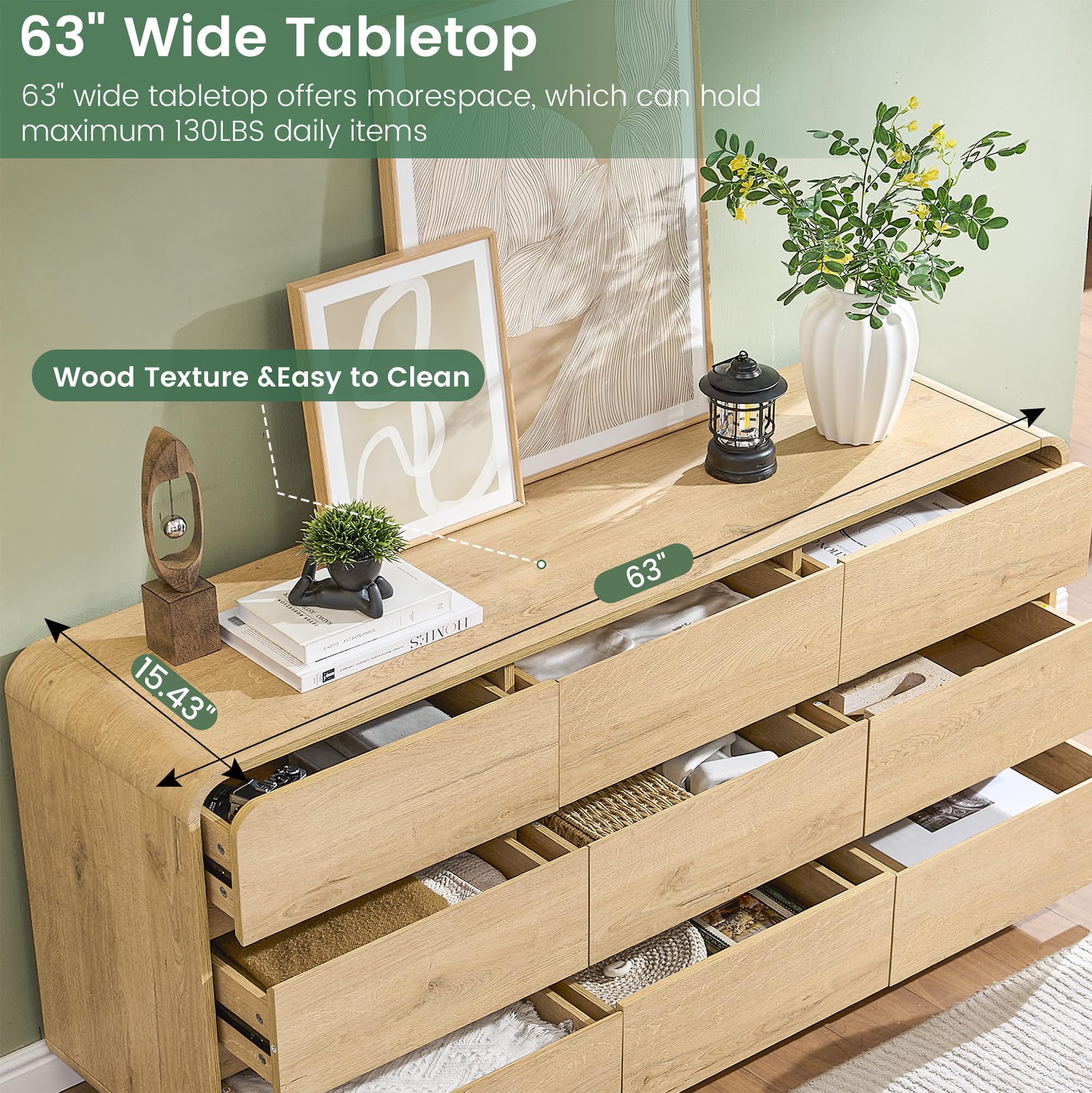 Natural Dresser for Bedroom with 9 Drawers