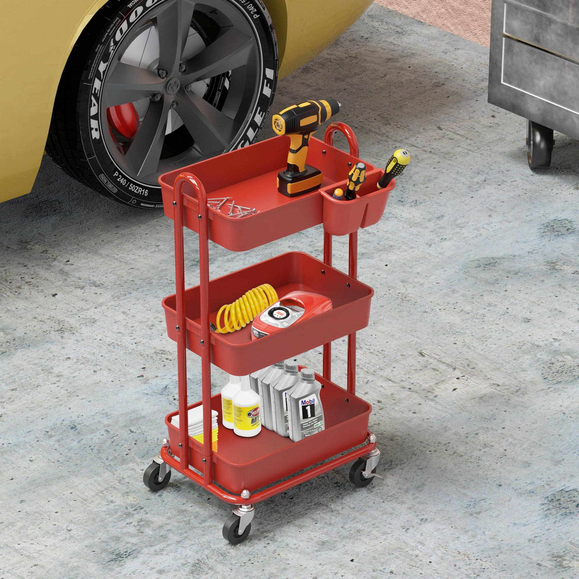 3 Tier Rolling Utility Cart with Hanging Bucket