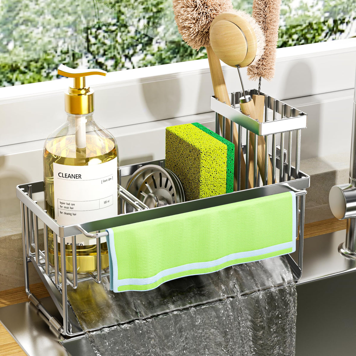 Kitchen Sink Caddy Organzier with High Brush Holder