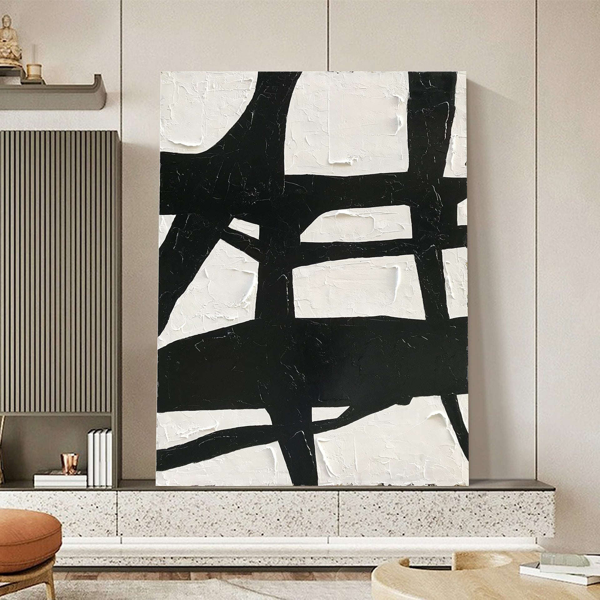 Art Hand Painted Large Black and White Abstract contemporary minimalist oil painting work It is suitable for decorating the interior office walls and its size is 48x36 inches
